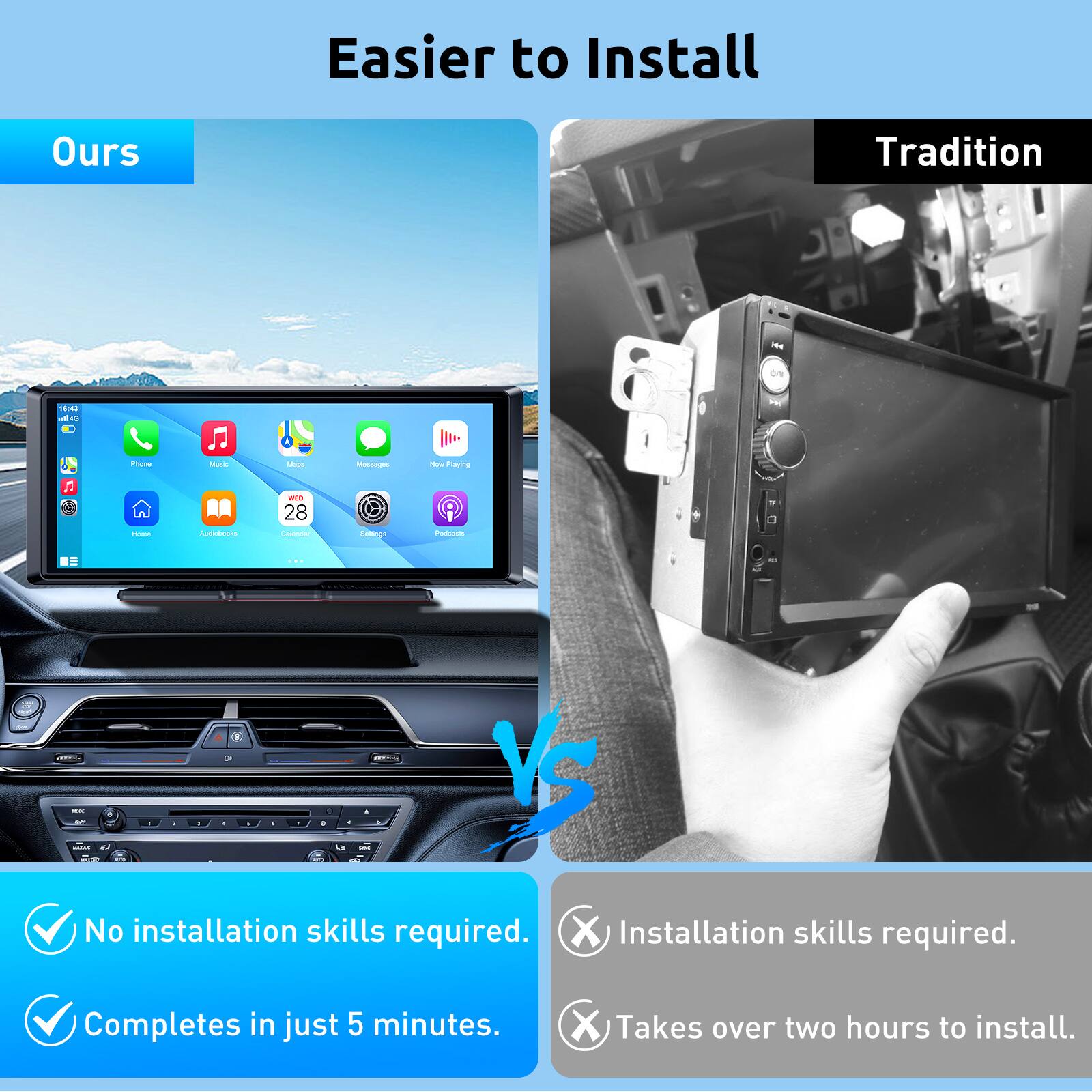 Easier to Install

Ours
- No installation skills required.
- Completes in just 5 minutes.

Tradition
- Installation skills required.
- Takes over two hours to install.