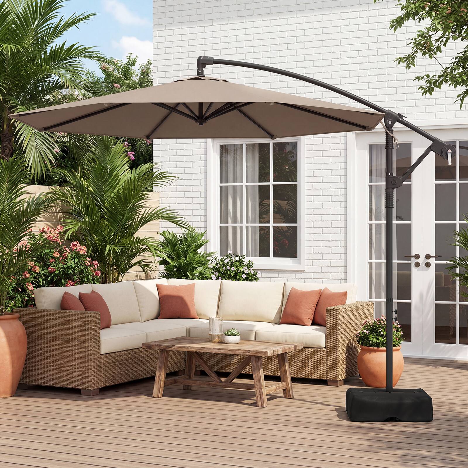 Alt View 3. Costway - Costway 10 FT Offset Hanging Umbrella with Base Patio Cantilever Umbrella 360° Rotation - Brown.