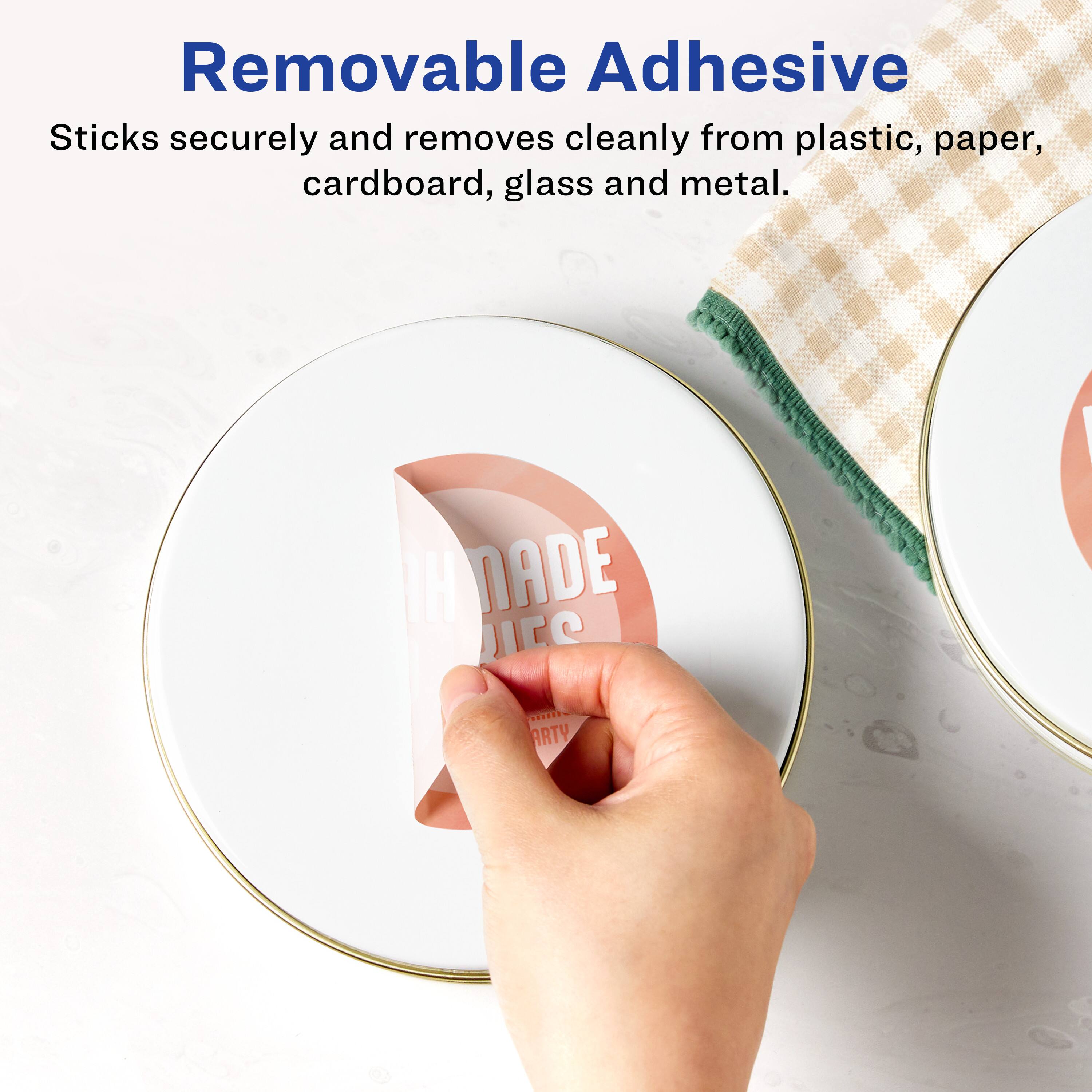 Removable Adhesive  
Sticks securely and removes cleanly from plastic, paper, cardboard, glass and metal.
