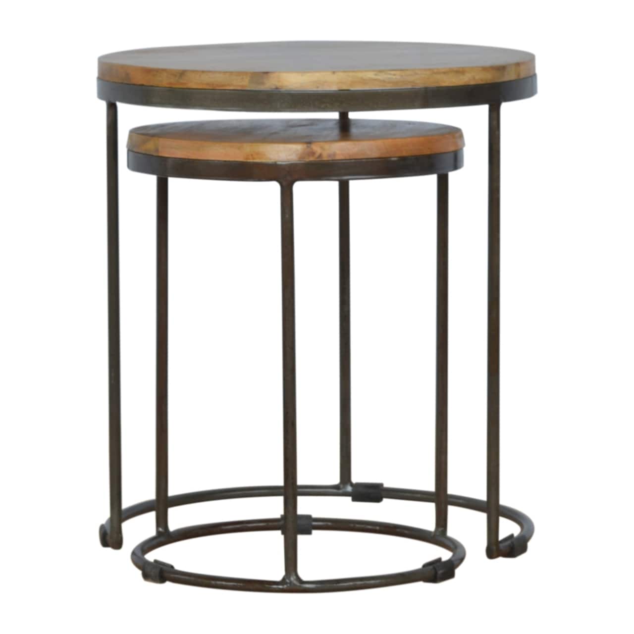 Artisan Furniture - Solid Wood Round Stool Set of 2 with Iron Base - Brown