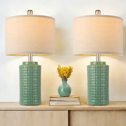 Front. partphoner - Green Woven Ceramic Table Lamp - Green.