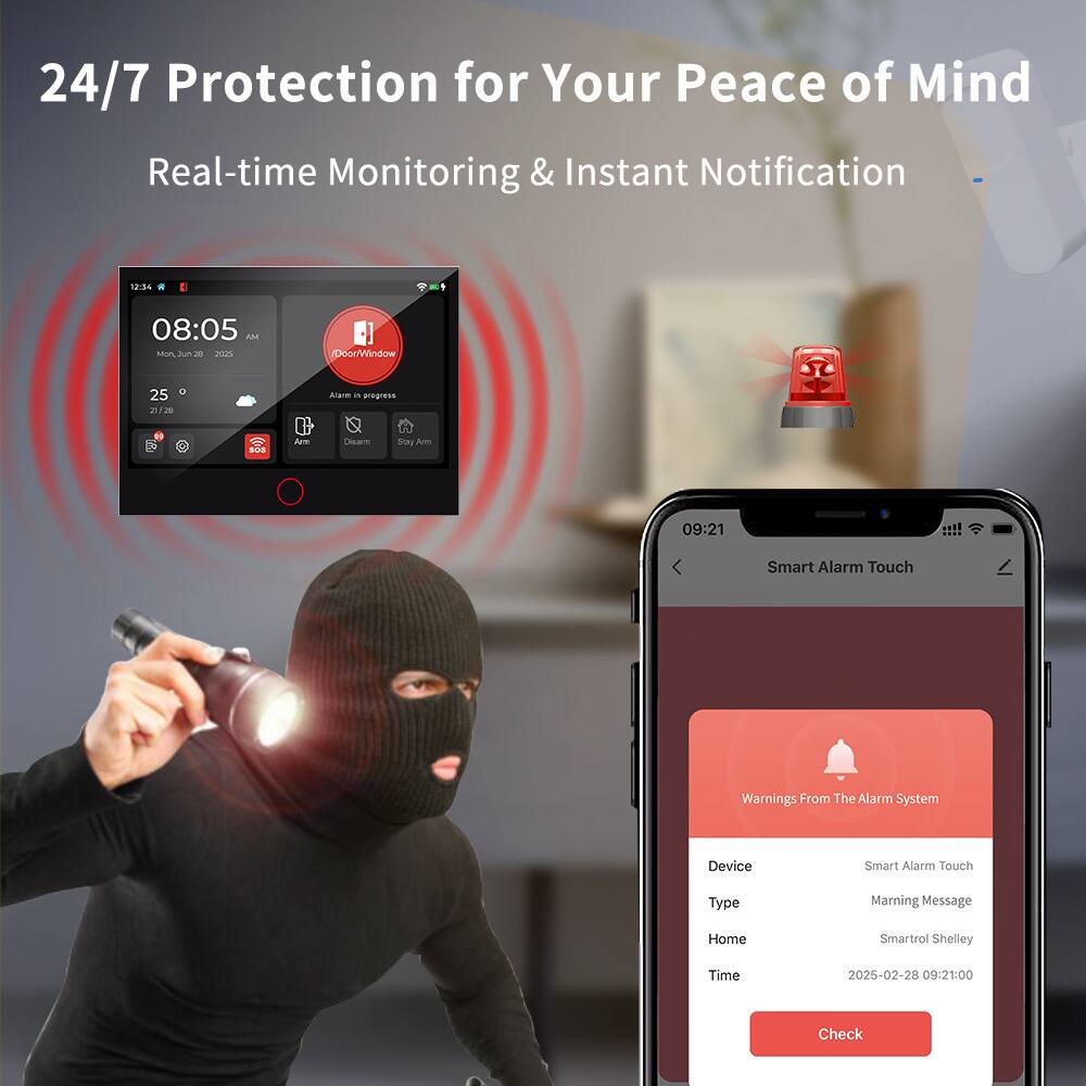 24/7 Protection for Your Peace of Mind  
Real-time Monitoring & Instant Notification  

17:34 - 08:05  
A hum Jun 2 2025  
25° / 20°  
Aure Alarm - in progress  

Smart Alarm Touch  
Warnings From The Alarm System  
Device: Smart Alarm Touch  
Type: Warning Message  
Home: Smartrol Shelley  
Time: 2025-02-28 09:21:00  

Check