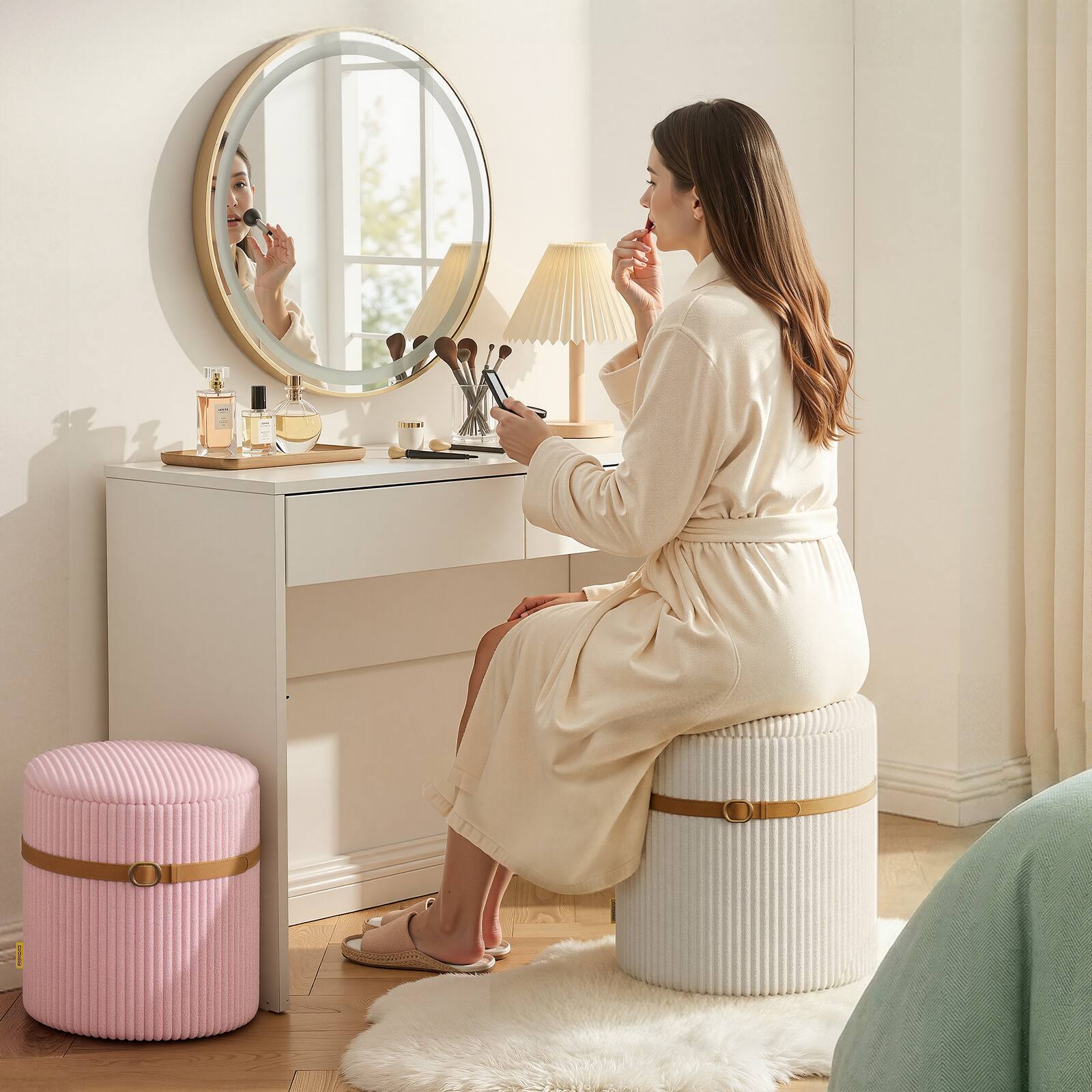 Left. Pinmoco - Pinmoco Round Storage Ottoman Set of 2, Modern Upholstered Foot Rest Stool, 300 lbs Capacity - White pink.