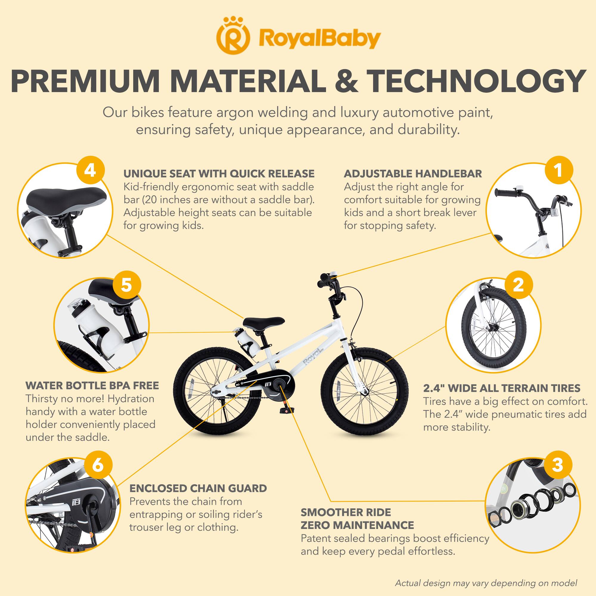 RoyalBaby PREMIUM MATERIAL & TECHNOLOGY

Our bikes feature argon welding and luxury automotive paint, ensuring safety, unique appearance, and durability.

1. ADJUSTABLE HANDLEBAR
Adjust the right angle for comfort suitable for growing kids and a short break lever for stopping safety.

2. 2.4" WIDE ALL TERRAIN TIRES
Tires have a big effect on comfort. The 2.4" wide pneumatic tires add more stability.

3. SMOOTHER RIDE ZERO MAINTENANCE
Patent sealed bearings boost efficiency and keep every pedal effortless.

4. UNIQUE SEAT WITH QUICK RELEASE
Kid-friendly ergonomic seat with saddle bar (20 inches are without a saddle bar). Adjustable height seats can be suitable for growing kids.

5. WATER BOTTLE BPA FREE
Thirsty no more! Hydration handy with a water bottle holder conveniently placed under the saddle.

6. ENCLOSED CHAIN GUARD
Prevents the chain from entrapment or soiling rider's trouser leg or clothing.

Actual design may vary depending on model