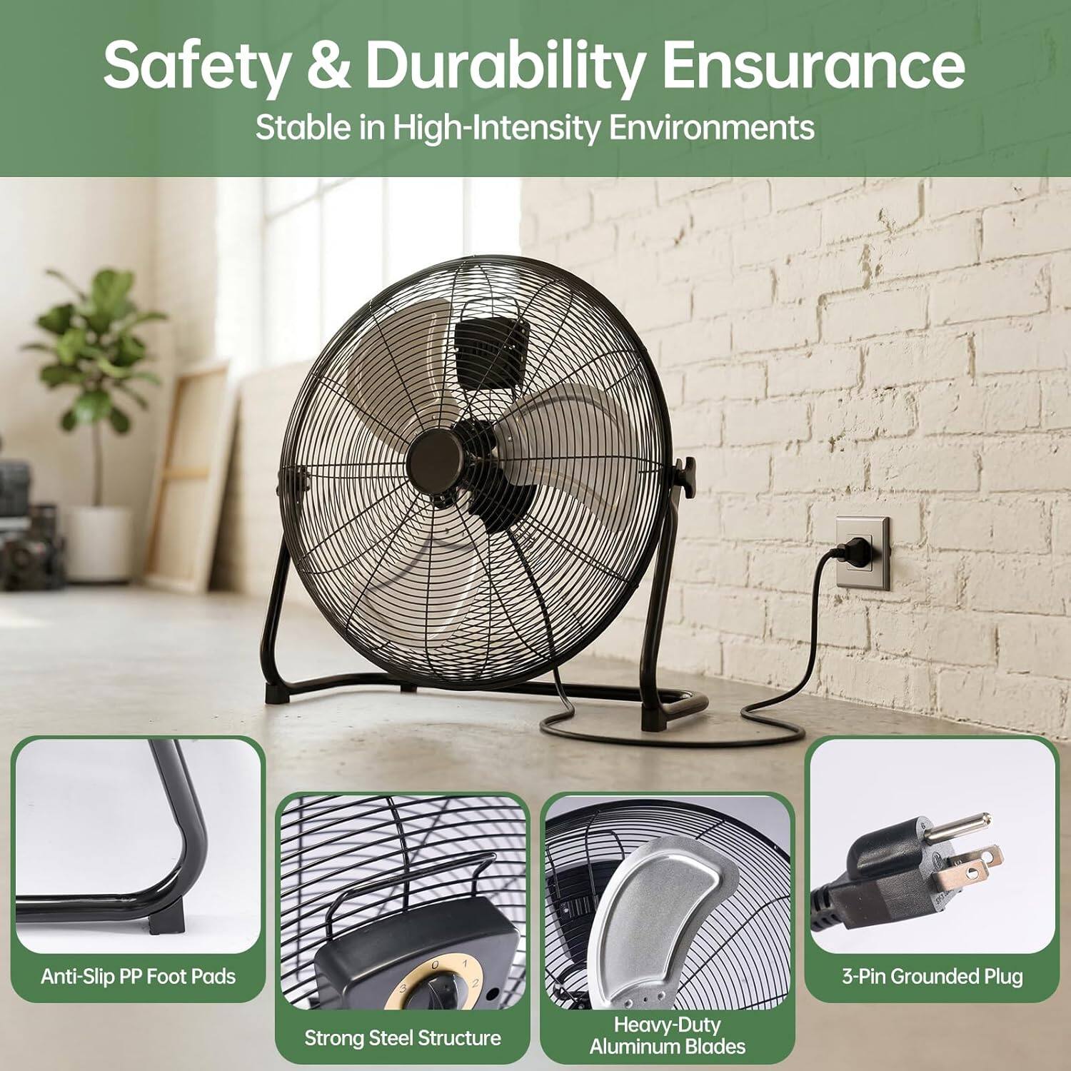 Safety & Durability Ensurance  
Stable in High-Intensity Environments  

- Anti-Slip PP Foot Pads  
- Strong Steel Structure  
- Heavy-Duty Aluminum Blades  
- 3-Pin Grounded Plug