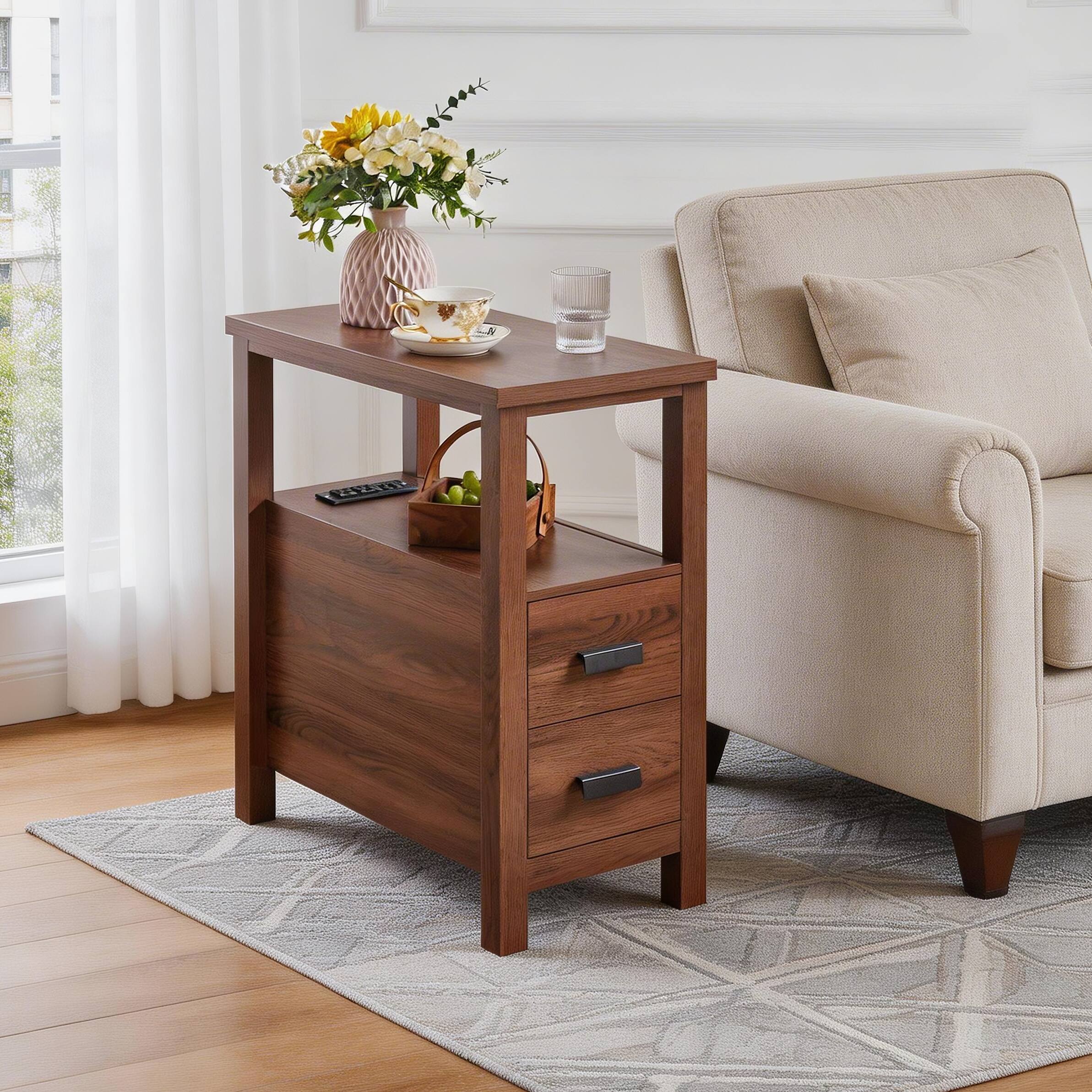 Front. Whisen - Nightstand with Charging Station,2-Drawer Bedside Table with USB Ports and Power Outlets - Walnut.