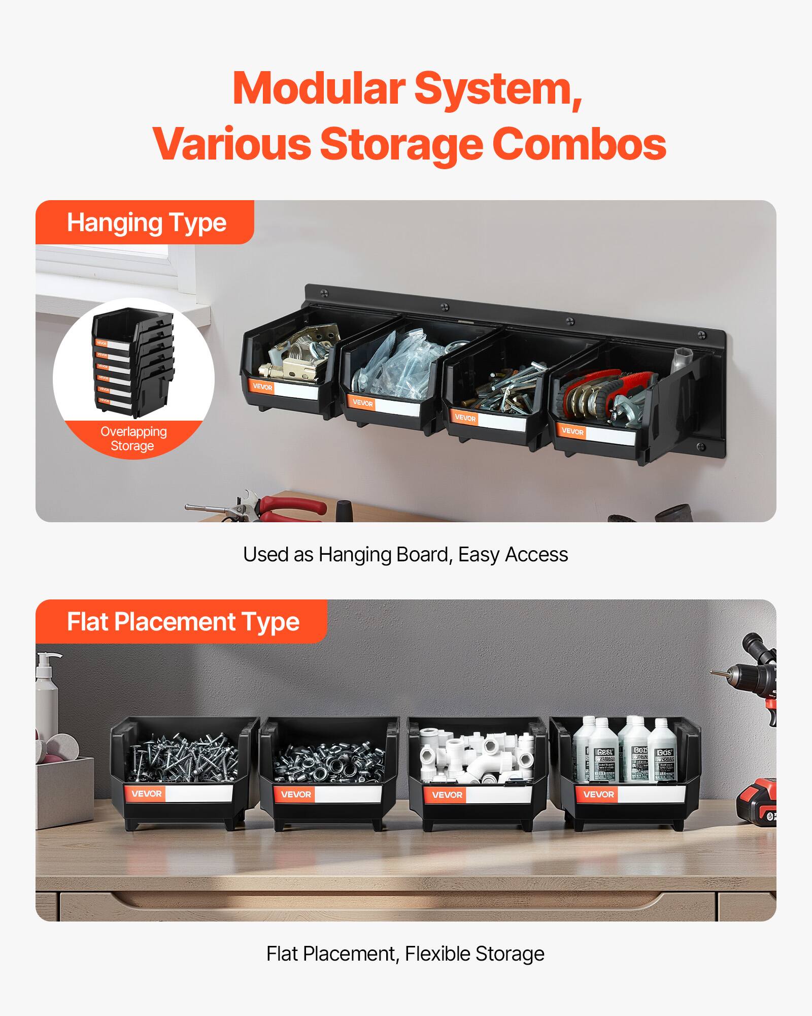 Modular System, Various Storage Combos

Hanging Type  
Overlapping Storage  
Used as Hanging Board, Easy Access

Flat Placement Type  
Flat Placement, Flexible Storage