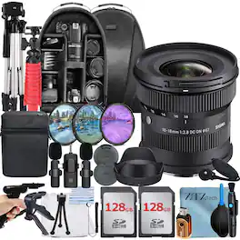 Sigma - 10-18mm f/2.8 DC DN Contemporary Lens for Sony E-Mount with 2x 128GB Card + Case + ZeeTech Bundle - Black