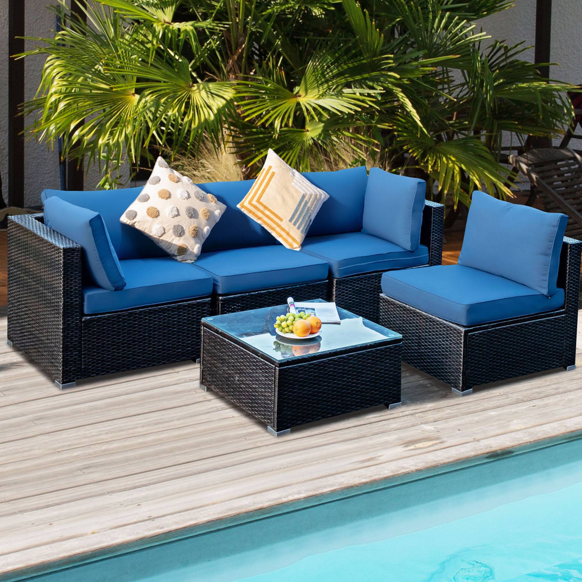 Alt View 3. Gymax - Gymax 5PCS Rattan Patio Conversation Set Sofa Furniture Set w/ Navy Cushions - Mix brown.