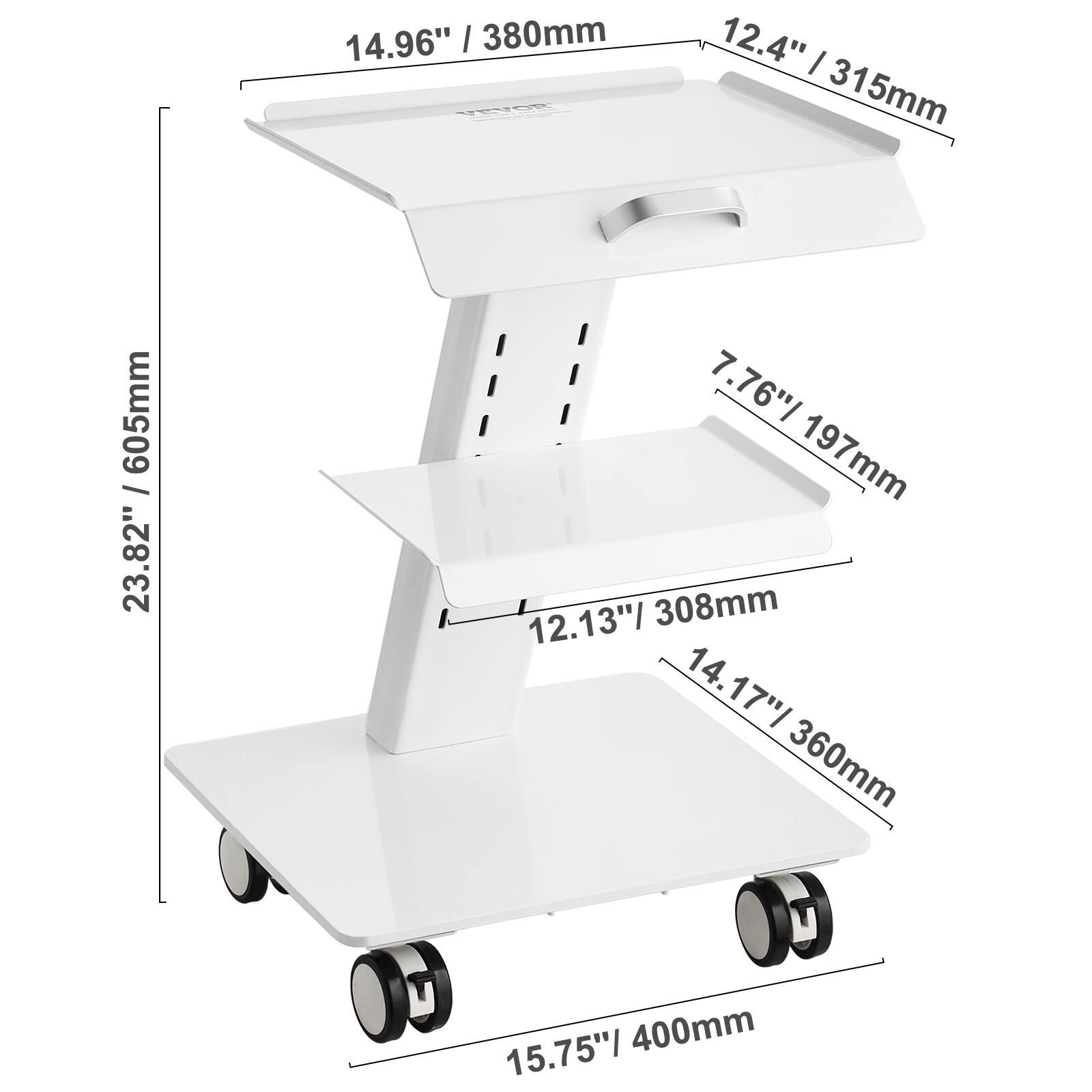 14.96" / 380mm, 12.4" / 315mm, 605mm / 23.82", 7.76" / 197mm, 12.13" / 308mm, 14.17" / 360mm, 400mm, 15.75"