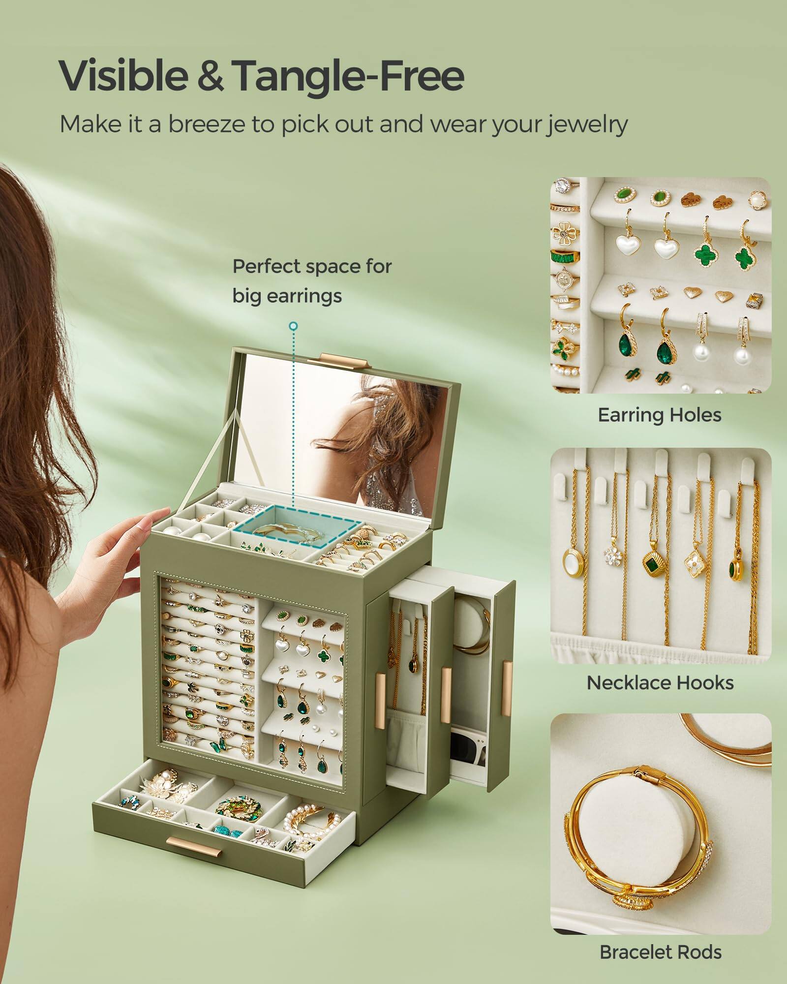 Visible & Tangle-Free  
Make it a breeze to pick out and wear your jewelry  

Perfect space for big earrings  

Earring Holes  
Necklace Hooks  
Bracelet Rods