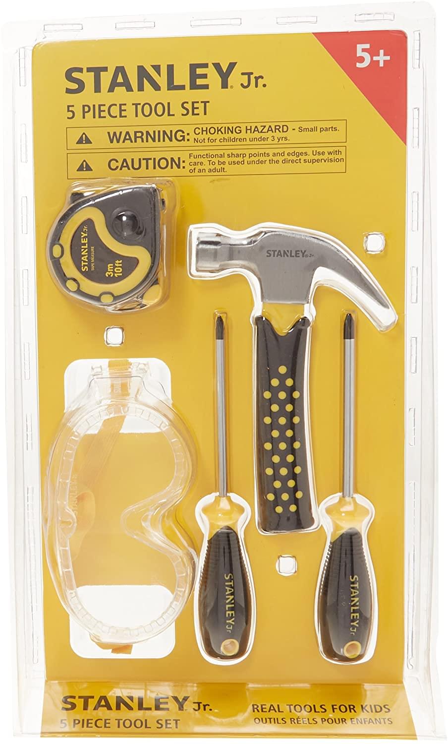 5+ STANLEY Jr. 5 PIECE TOOL SET  
CHOKING HAZARD - Small parts.  
WARNING: Not for children under 3 yrs.  
CAUTION: Functional sharp points and edges. Use with care. To be used under the direct supervision of an adult.  

STANLEY Jr.  
5 PIECE TOOL SET  
REAL TOOLS FOR KIDS  
OUTILS RÉELS POUR ENFANTS