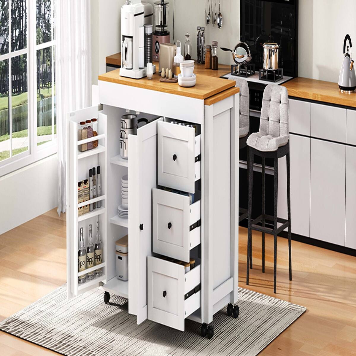 Alt View 9. Loheer - Loheer 74.8" Kitchen Island with Extendable Dining Table, White Kitchen Storage Cart with 3 Drawers & Power Outlet - White.