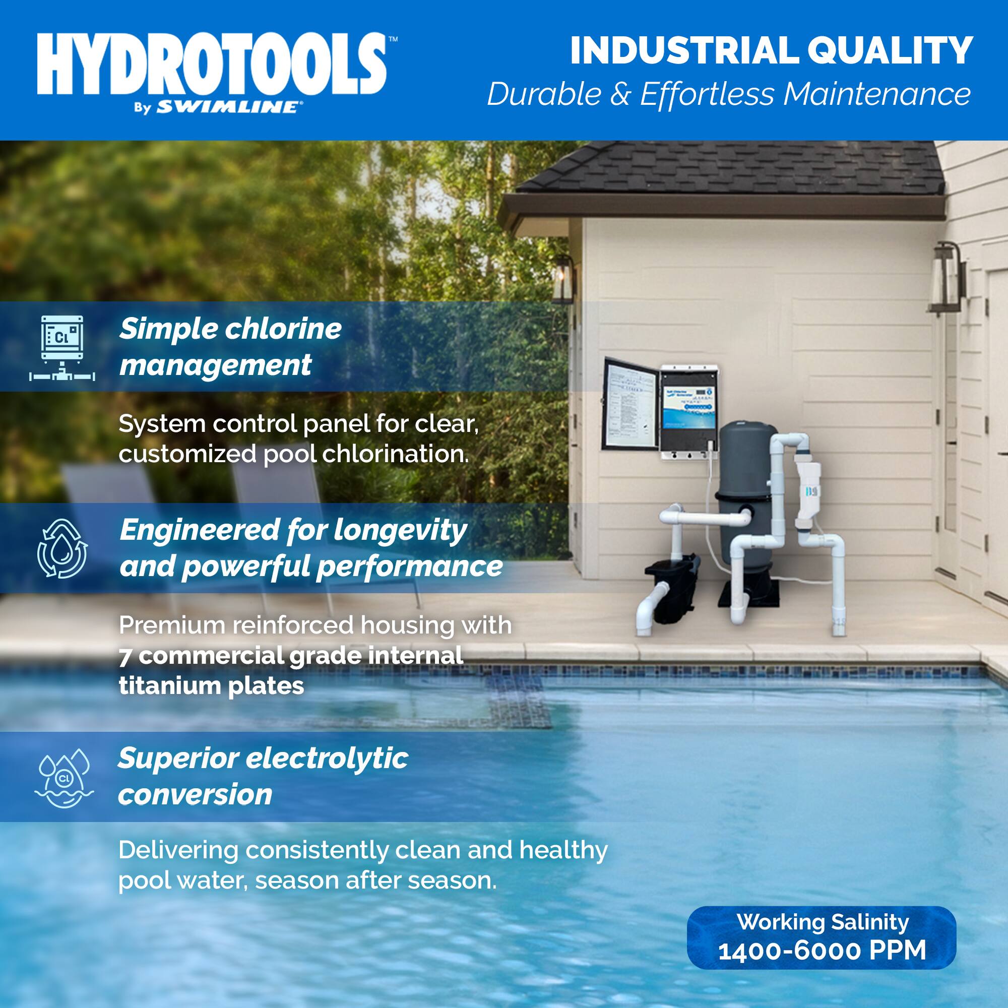 HYDROTOOLS  
By SWIMLINE

INDUSTRIAL QUALITY  
Durable & Effortless Maintenance

- Simple chlorine management  
  System control panel for clear, customized pool chlorination.

- Engineered for longevity and powerful performance  
  Premium reinforced housing with 7 commercial grade internal titanium plates

- Superior electrolytic conversion  
  Delivering consistently clean and healthy pool water, season after season.

Working Salinity  
1400-6000 PPM