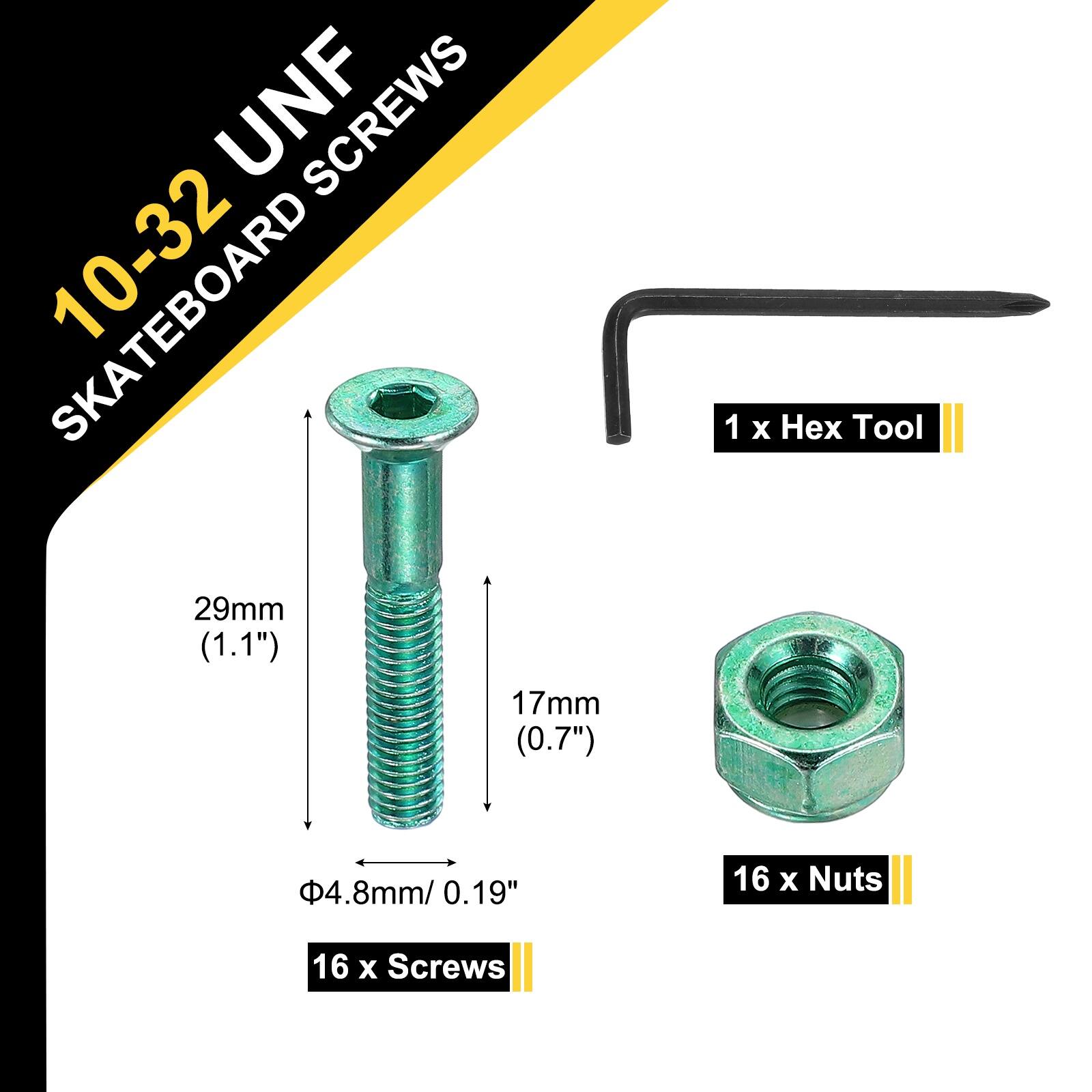 10-32 UNF SKATEBOARD SCREWS

29mm (1.1")
17mm (0.7")
1 x Hex Tool
4.8mm/ 0.19"
16 x Nuts
16 x Screws
