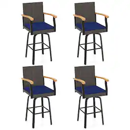 Gymax - 4PCS 29'' Outdoor 360-Degree Swivel Bar Stool w/Cushion Acacia Wood Armrests Footrest Mix Brown & Navy - Blue