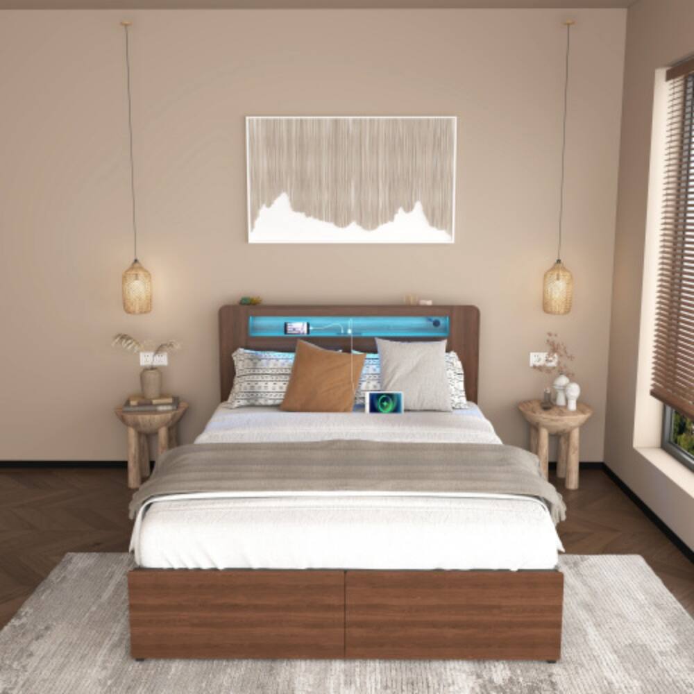 Angle. LUCKY ONE - Queen Size Wooden Platform Bed Frame with Bookcase Headboard, 2 Storage Drawers, LED Lights, USB Charging - Brown.