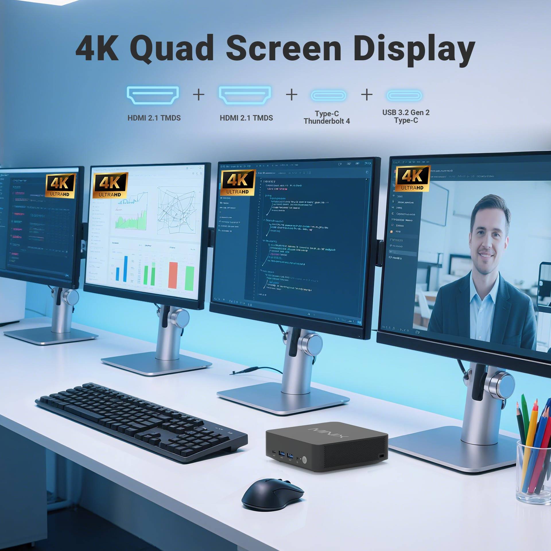 4K Quad Screen Display

HDMI 2.1 TMDS
HDMI 2.1 TMDS
Type-C Thunderbolt 4
USB 3.2 Gen 2 Type-C