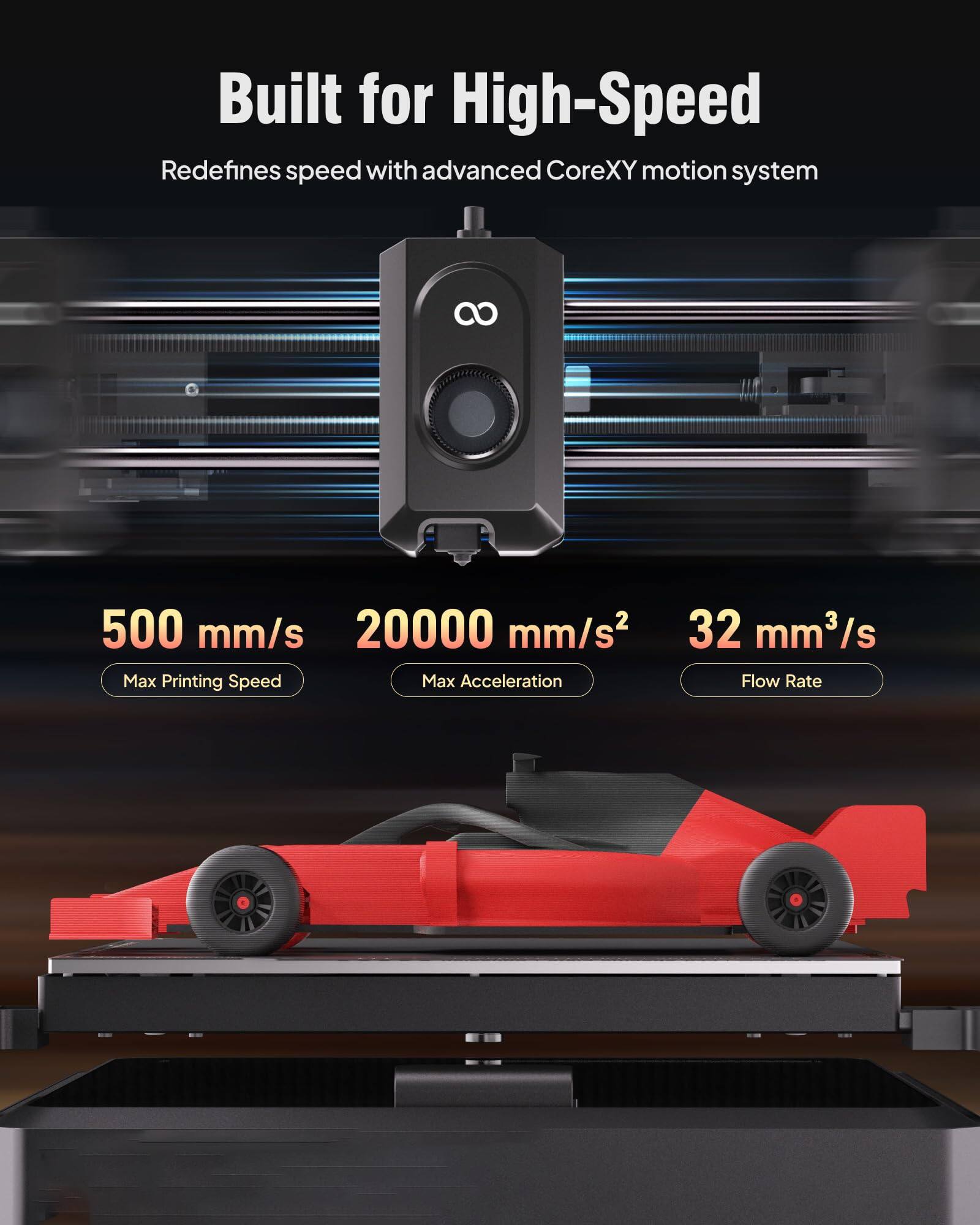Built for High-Speed  
Redefines speed with advanced CoreXY motion system  

500 mm/s  
Max Printing Speed  

20000 mm/s²  
Max Acceleration  

32 mm³/s  
Flow Rate