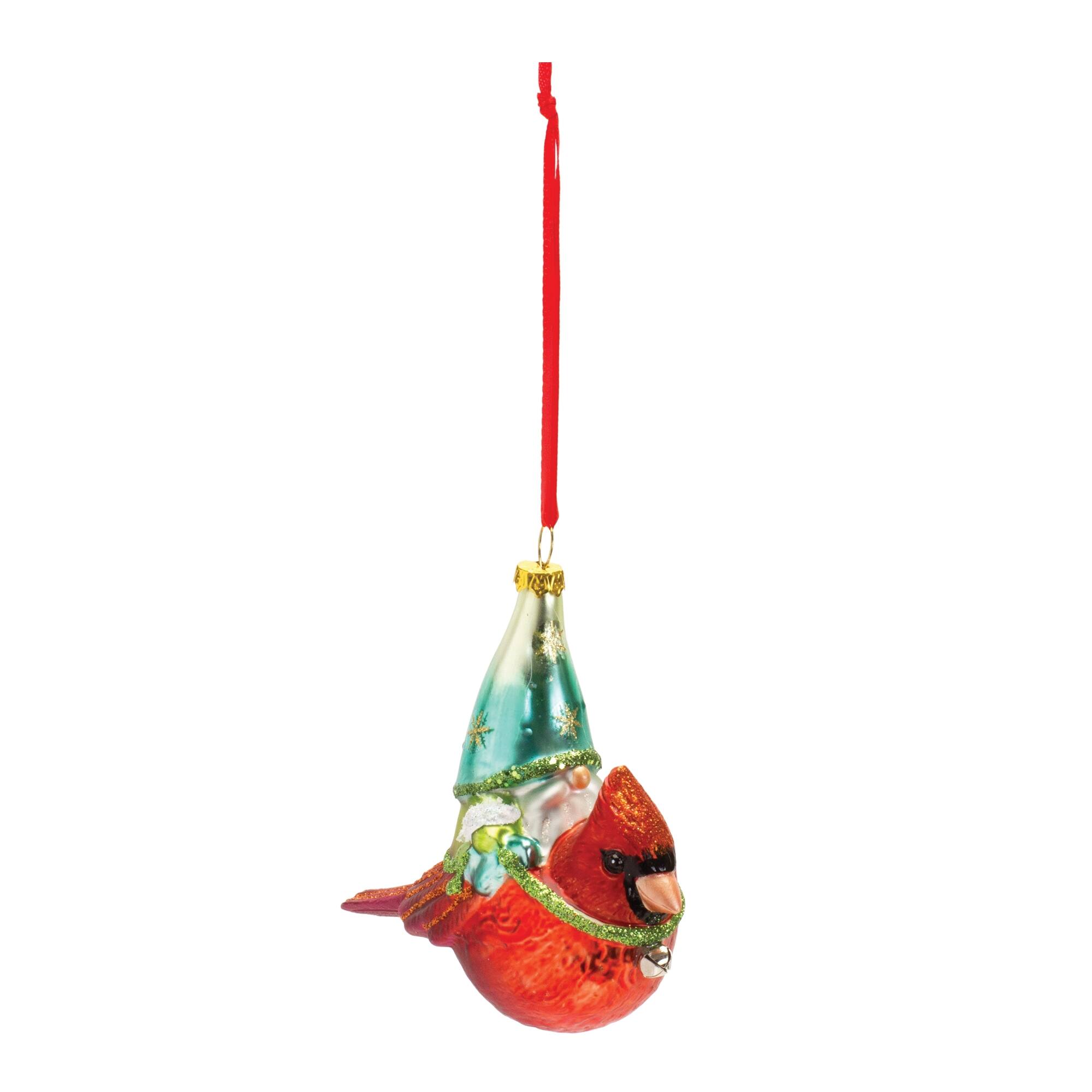 Angle. BreeBe - Glass Gnome and Cardinal Bird Ornament (Set of 6) - Red, Green.