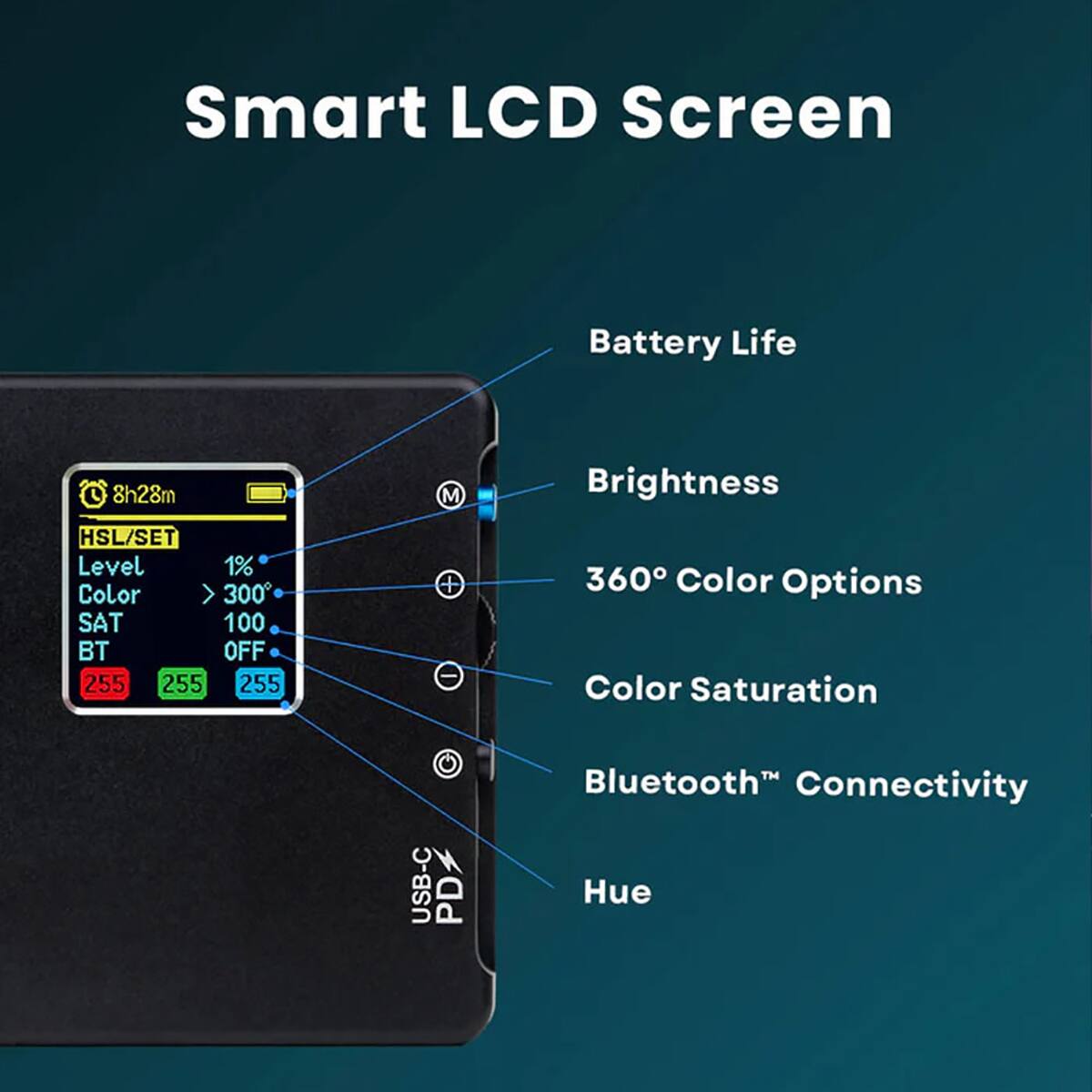Smart LCD Screen

- Battery Life: 8h28m
- Brightness: 360
- 360° Color Options
- Color Saturation
- Bluetooth® Connectivity
- Hue

HSL/SET
- Level: 1%
- Color: > 300
- SAT: 100
- BT: OFF
- 255 255 255

USB-C PD+
