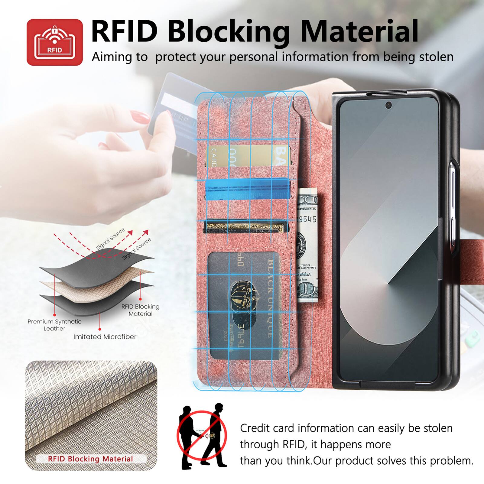 RFID Blocking Material

Aiming to protect your personal information from being stolen

LSP CARD 00 BA NEEVE

Source Signal source gl Sig

RFID Blocking Material Premium Synthetic Leather Imitated Microfiber

20221 Odc T9LE BLACK UNIQUE 9545

Credit card information can easily be stolen through RFID, it happens more than you think. Our product solves this problem.