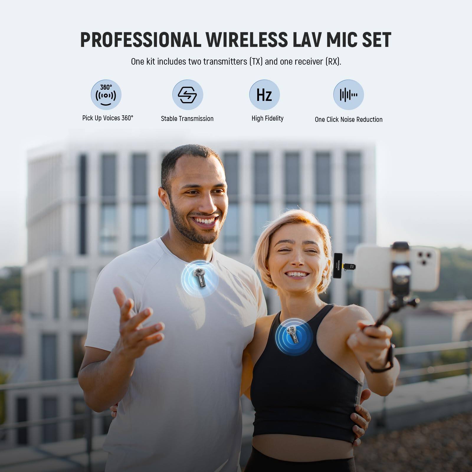 PROFESSIONAL WIRELESS LAV MIC SET

One kit includes two transmitters (TX) and one receiver (RX).

- 360° Pick Up Voices
- Stable Transmission
- High Fidelity
- One Click Noise Reduction