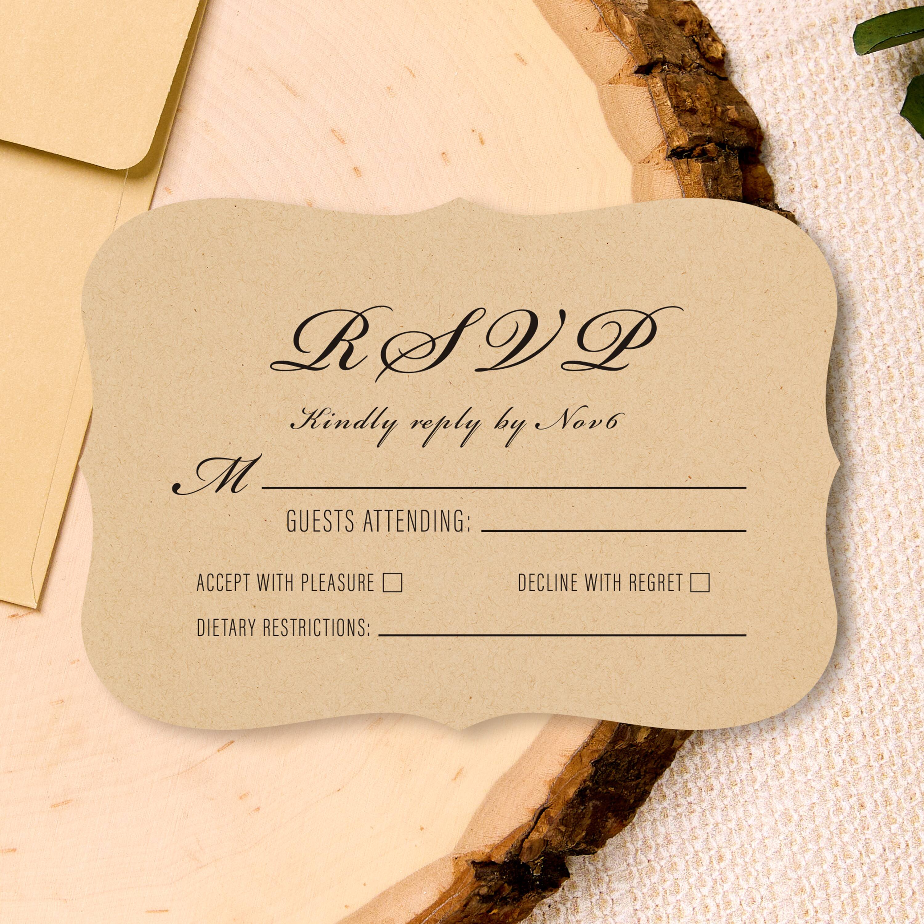 RSVP  
Kindly reply by Nov 6

GUESTS ATTENDING:  
[__________]

ACCEPT WITH PLEASURE □  
DECLINE WITH REGRET □

DIETARY RESTRICTIONS:  
[__________]
