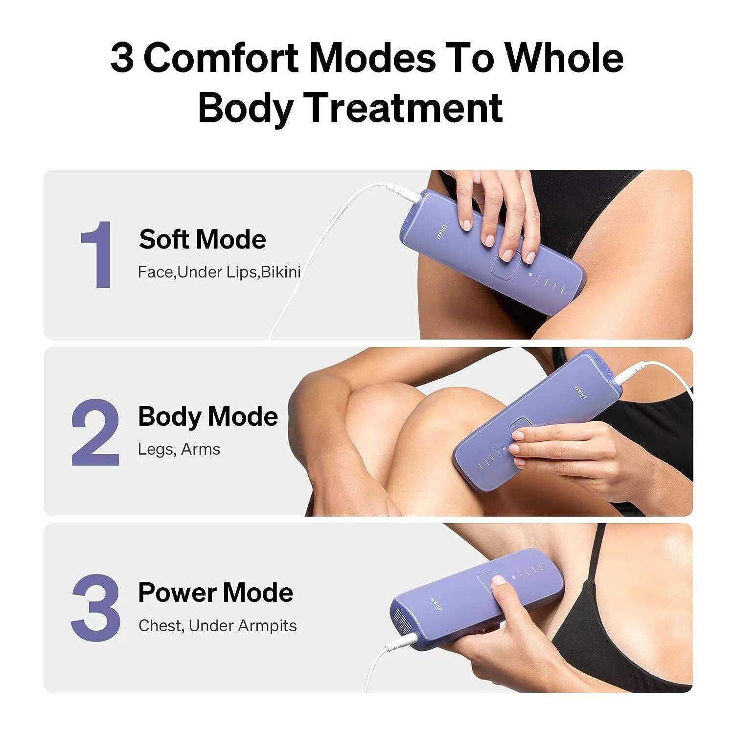 3 Comfort Modes To Whole Body Treatment

1. Soft Mode
   - Face, Under Lips, Bikini

2. Body Mode
   - Legs, Arms

3. Power Mode
   - Chest, Under Armpits