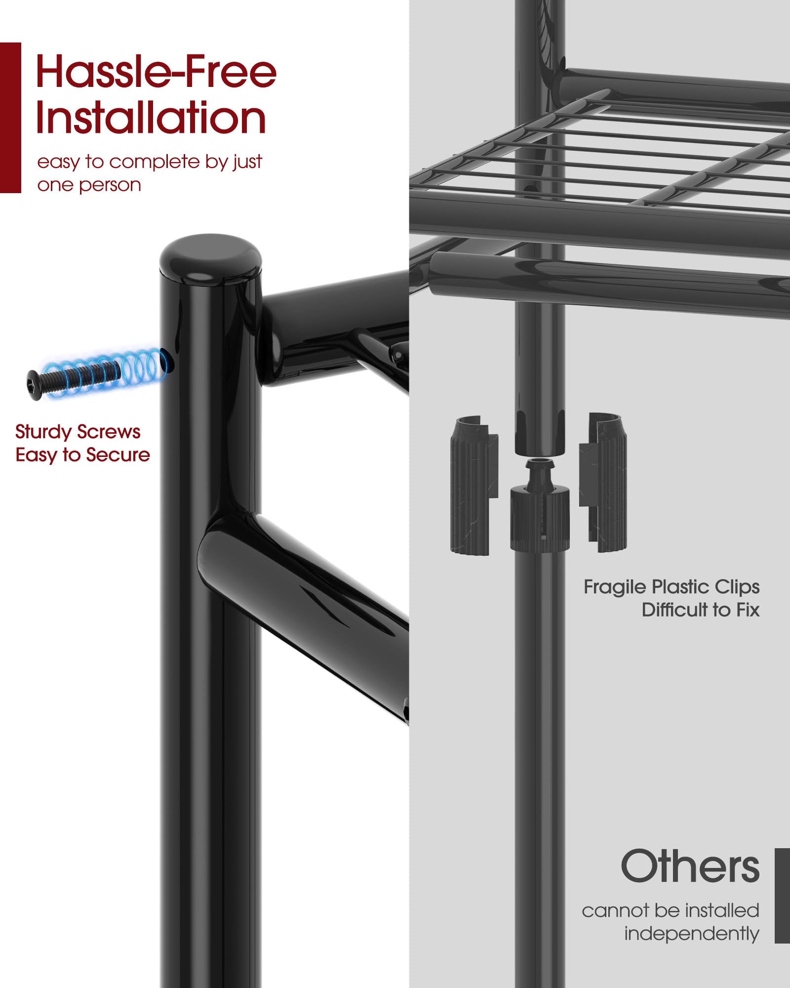 Hassle-Free Installation  
easy to complete by just one person  

Sturdy Screws  
Easy to Secure  

Fragile Plastic Clips  
Difficult to Fix  

Others  
cannot be installed independently