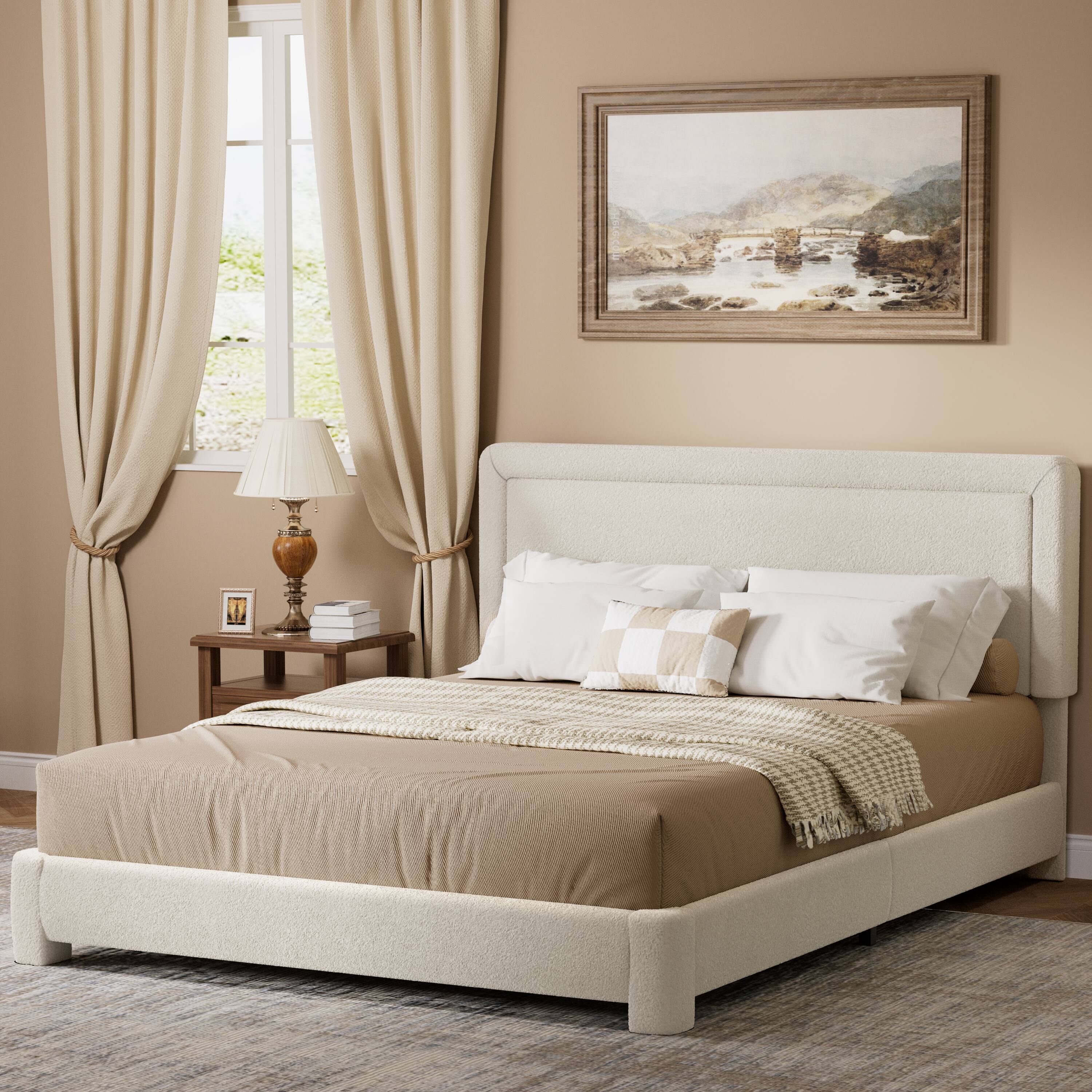 Angle. Vipbear - King Size Upholstered Bed Frame with Adjustable Headboard, Soft Rounded Corners, No Box Spring Required, Easy Assembly - Beige.