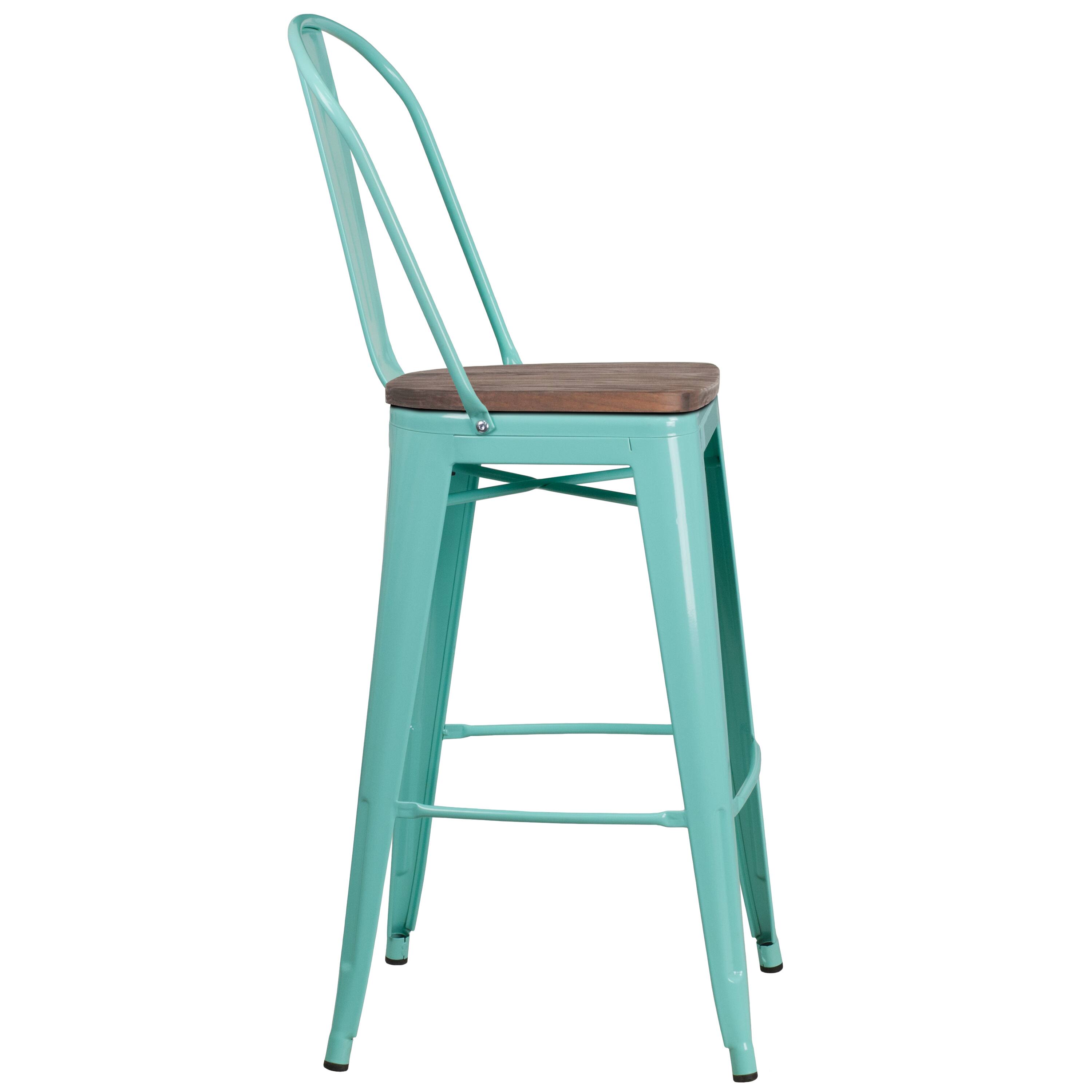 Alt View 4. Emma + Oliver - 30"H Metal Dining Barstool with Back and Wood Seat - Mint Green.