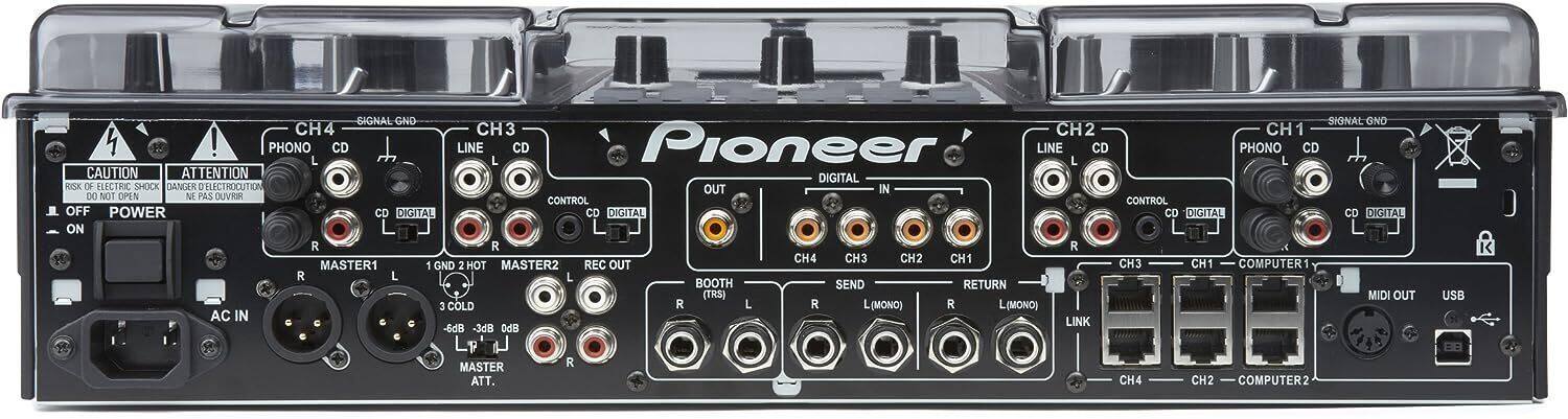 Sure, here is the corrected and grouped text from the image:

**Top Section:**
- SIGNAL GND
- CH4
- PHONO L CD
- LINE L CD
- CONTROL CD DIGITAL
- OUT
- CH3
- LINE L CD
- CONTROL CD DIGITAL
- CH2
- LINE L CD
- CONTROL CD DIGITAL
- CH1
- PHONO L CD
- CONTROL CD DIGITAL
- SIGNAL GND

**Left Section:**
- CAUTION
- ATTENTION
- RISK OF ELECTRIC SHOCK
- DANGER DELECTROCUTION
- DO NOT OPEN
- NE PAS OUVRIR
- OFF POWER
- AC IN
- MASTER1
- GND 2 HOT
- 3 COLD
- -6dB -3dB 0dB
- MASTER ATT.
- CH4
- CH3
- CH2
- CH1

**Center Section:**
- MASTER2
- REC OUT
- BOOTH (TRS)
- R L
- SEND RETURN (TRS)
- R L
- MIDI OUT
- USB
- CH4
- CH3
- CH2
- CH1
- LINK

**