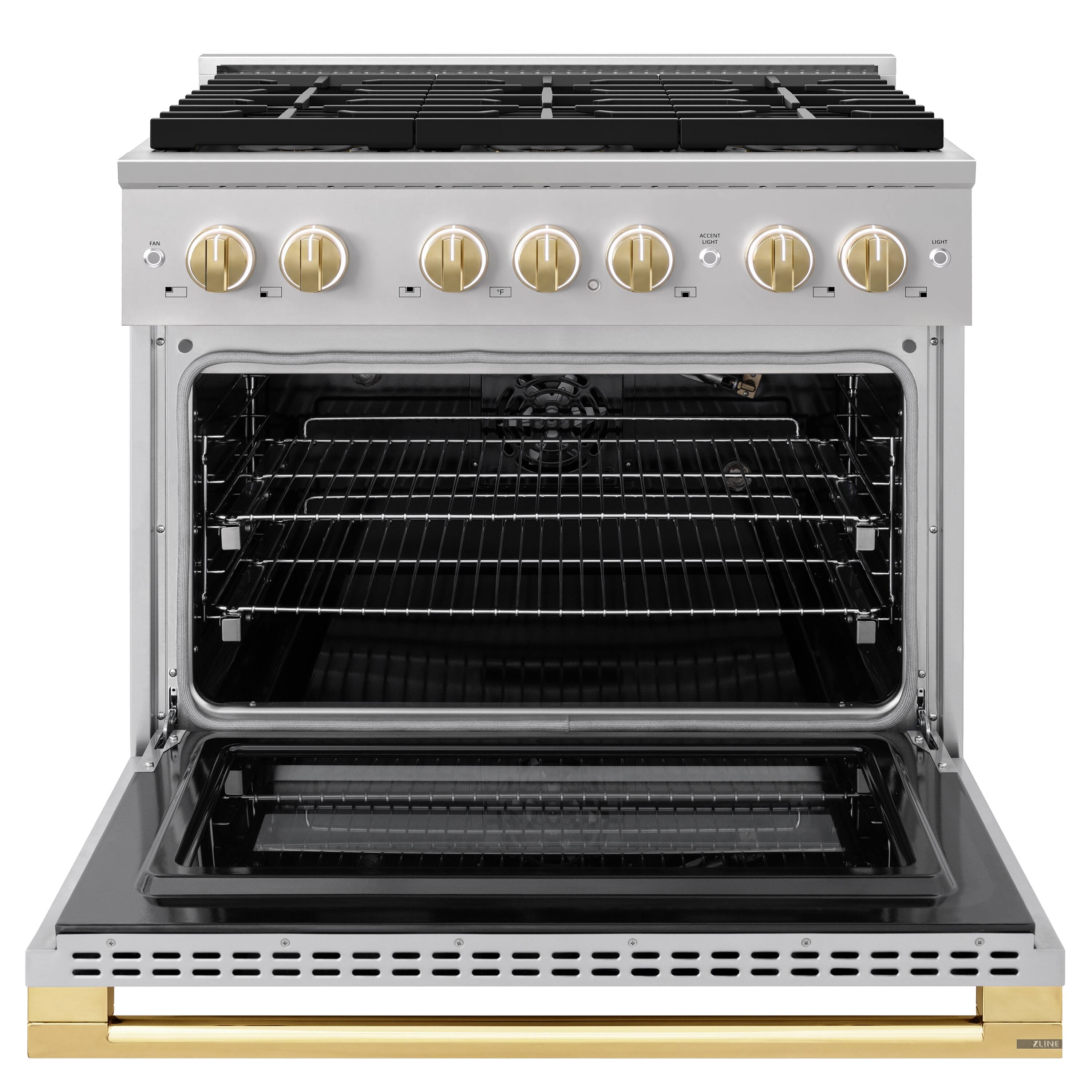 Angle. ZLINE - Autograph 36 in. 5.2 cu. ft. Marino Freestanding Manual Clean DuoPro Gas Range with Convection Oven & Gold Accents - Stainless Steel.