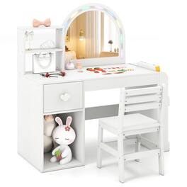 Gymax - Kids Vanity Desk w/ Lights Open Bookshelf Storage Drawer Compartment & Shelves - White
