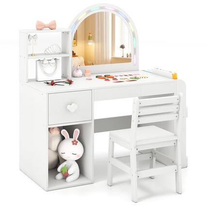 Front. Gymax - Gymax Kids Vanity Desk w/ Lights Open Bookshelf Storage Drawer Compartment & Shelves White - White.