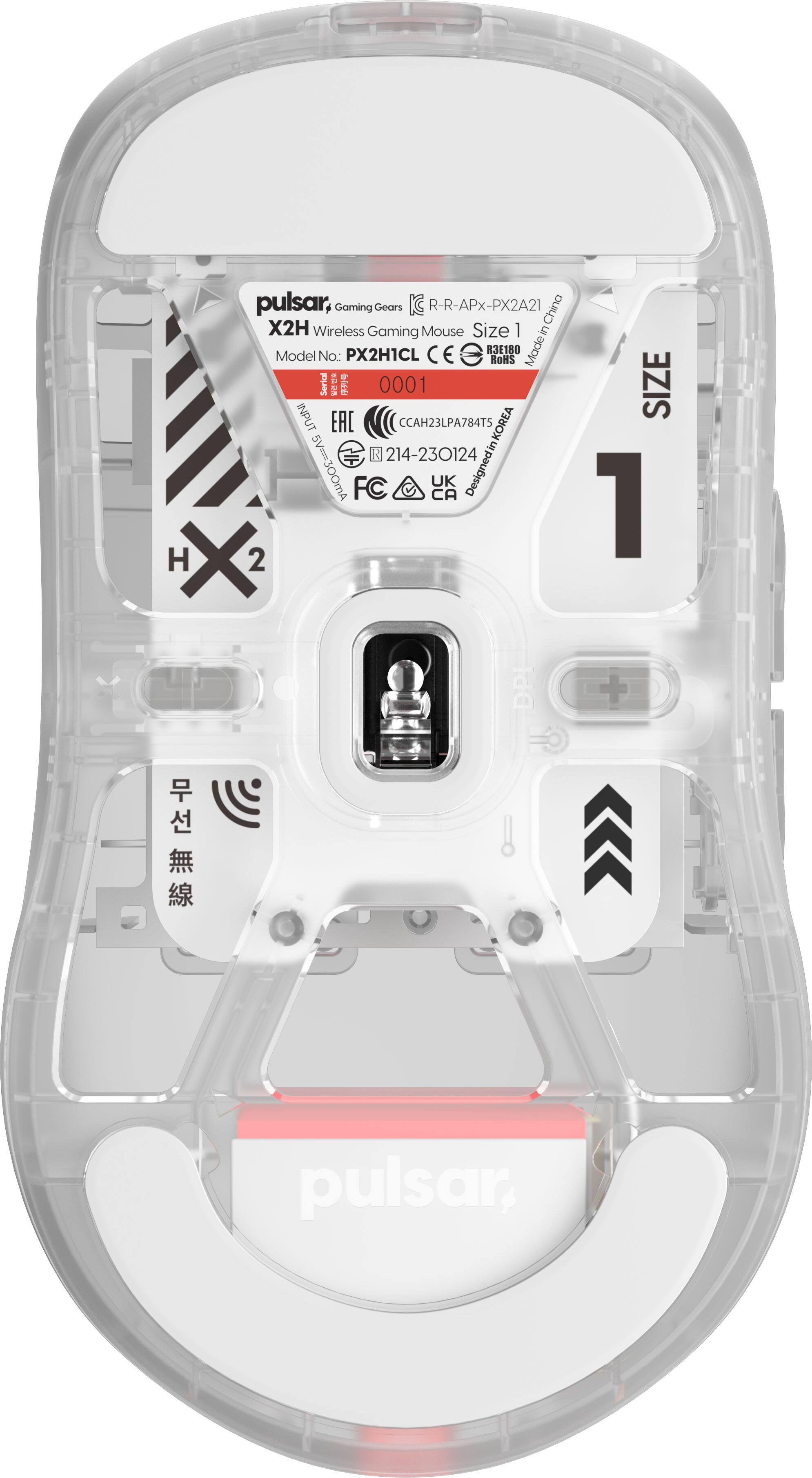 pulsar, Gaming Gears R-R-APx-PX2A21 China X2H Wireless Gaming Mouse Size 1 in PX2H1CL CE e R3E180 Made Model No.: PX2H1CL Serial No.: 0001 INPUT EAC CCAH23LPA784T5 KOREA 5V==300mA E FC B 214-230124 C DesignedinKOREA Designedin H X 2 SIZE 1 DPI pulsar,