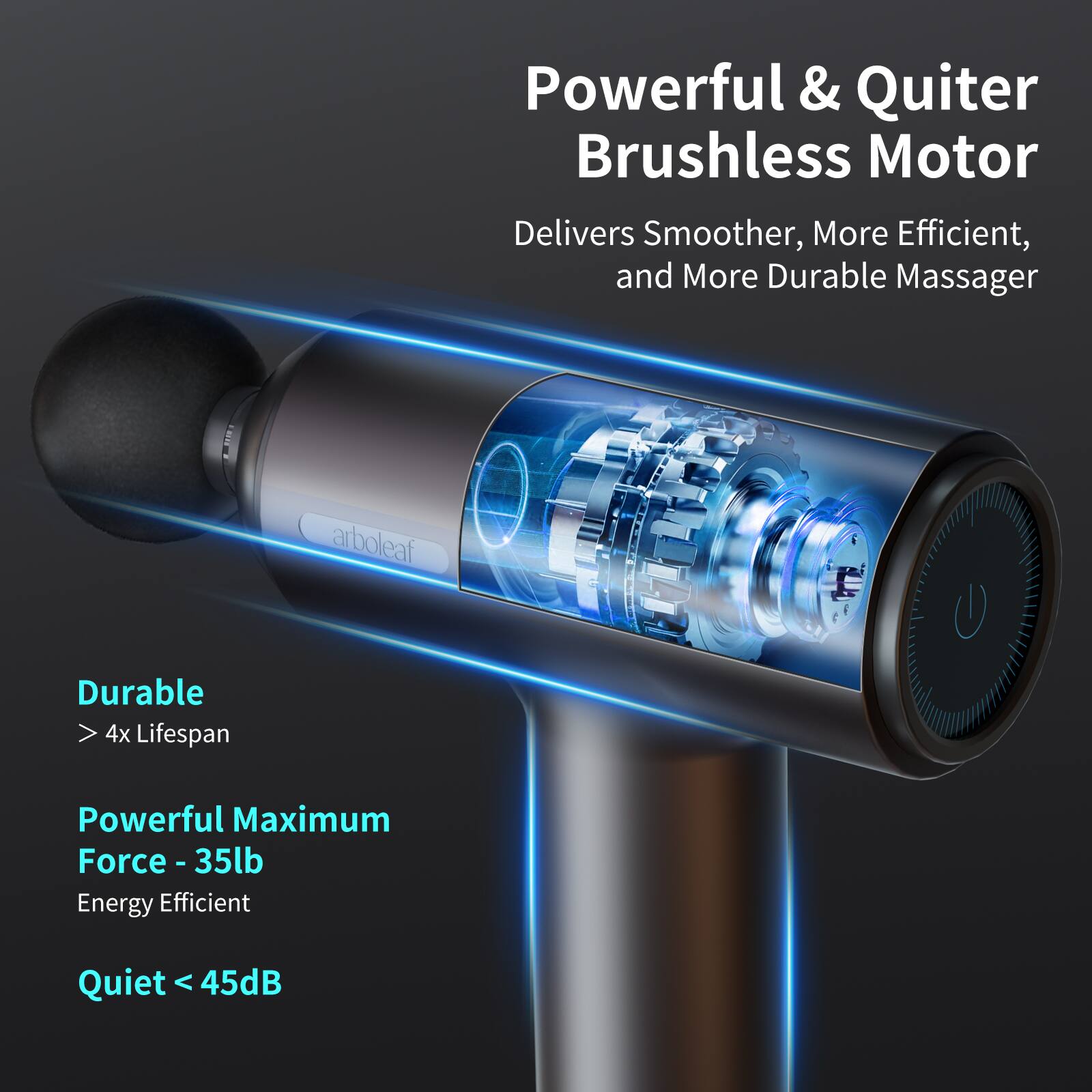 Powerful & Quieter Brushless Motor  
Delivers Smoother, More Efficient, and More Durable Massager  

Durable  
> 4x Lifespan  

Powerful Maximum Force - 35lb  
Energy Efficient  

Quiet < 45dB