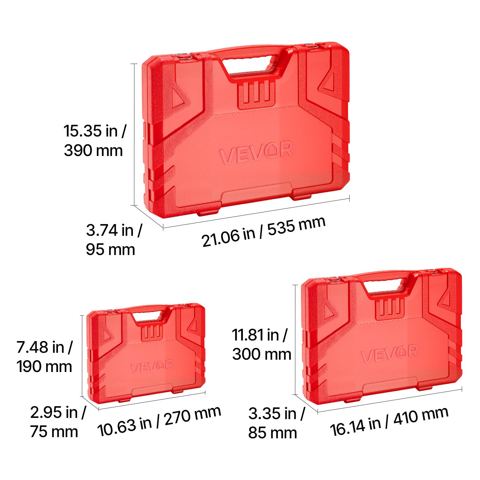 15.35 in / 390 mm  
3.74 in / 95 mm  
21.06 in / 535 mm  

7.48 in / 190 mm  
2.95 in / 75 mm  
10.63 in / 270 mm  

11.81 in / 300 mm  
3.35 in / 85 mm  
16.14 in / 410 mm