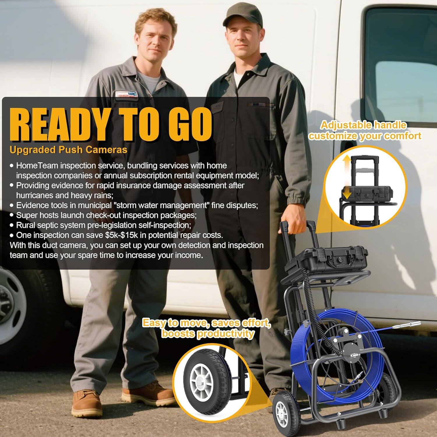 Back. Aukfa - Sewer Camera with Locator - 10" HD Endoscope, Self-Leveling, IP68, 200Ft 7MM Cable, DVR.