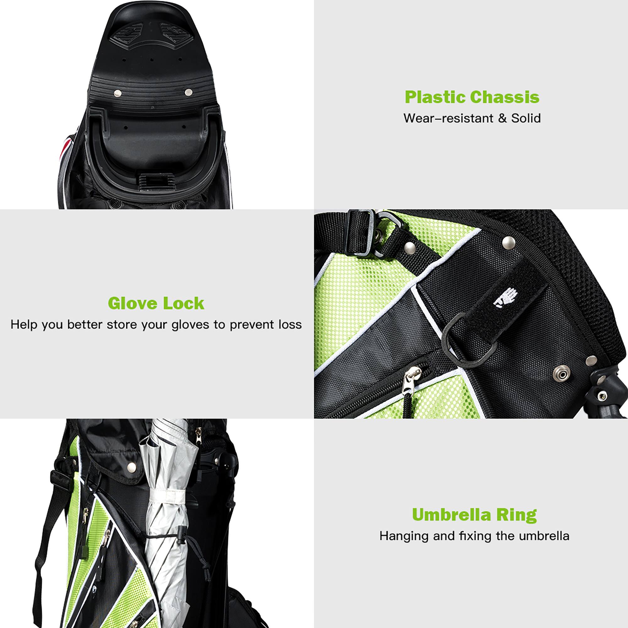 Plastic Chassis  
Wear-resistant & Solid  

Glove Lock  
Help you better store your gloves to prevent loss  

Umbrella Ring  
Hanging and fixing the umbrella