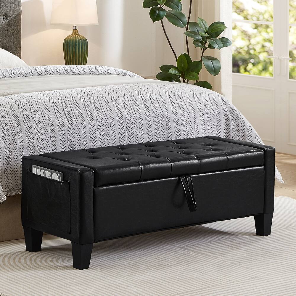 Front. Ropilly - Ropilly Black Tufted Storage Ottoman Bench with Safety Hinge, Upholstered Entryway Seating for Bedroom, 45 Inch - Black.