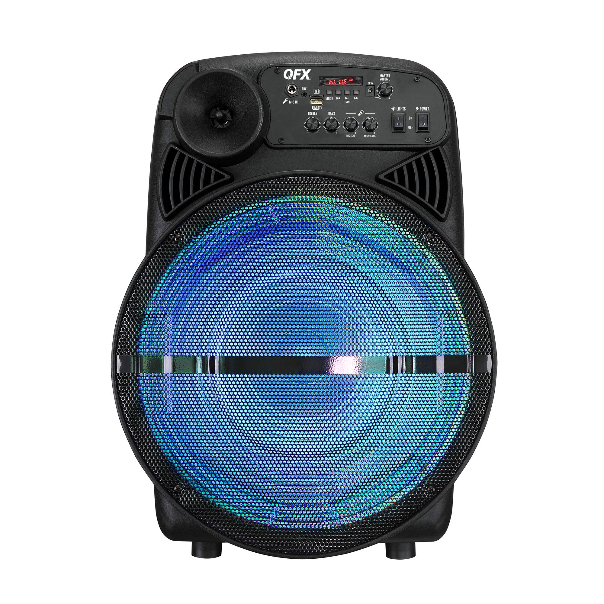 Front. QFX - Portable Rechargeable Bluetooth Speaker with 15” Subwoofer and 1.5” Tweeter with Party Lights - Black.