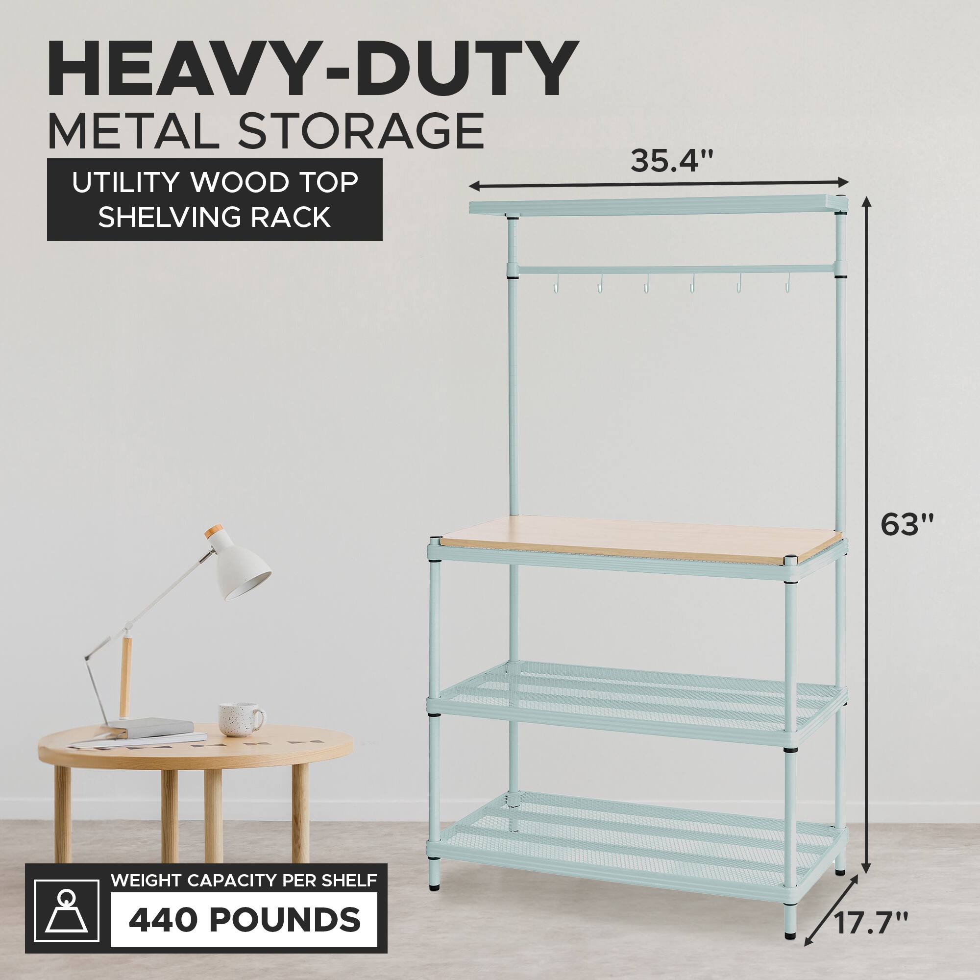 HEAVY-DUTY METAL STORAGE  
UTILITY WOOD TOP SHELVING RACK  

35.4"  
63"  
17.7"  

WEIGHT CAPACITY PER SHELF  
440 POUNDS