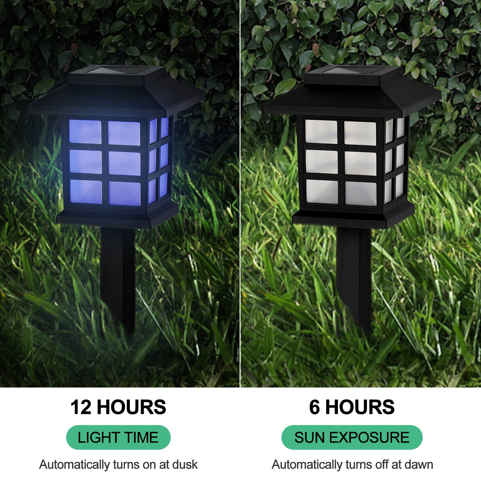12 HOURS  
LIGHT TIME  
Automatically turns on at dusk  

6 HOURS  
SUN EXPOSURE  
Automatically turns off at dawn