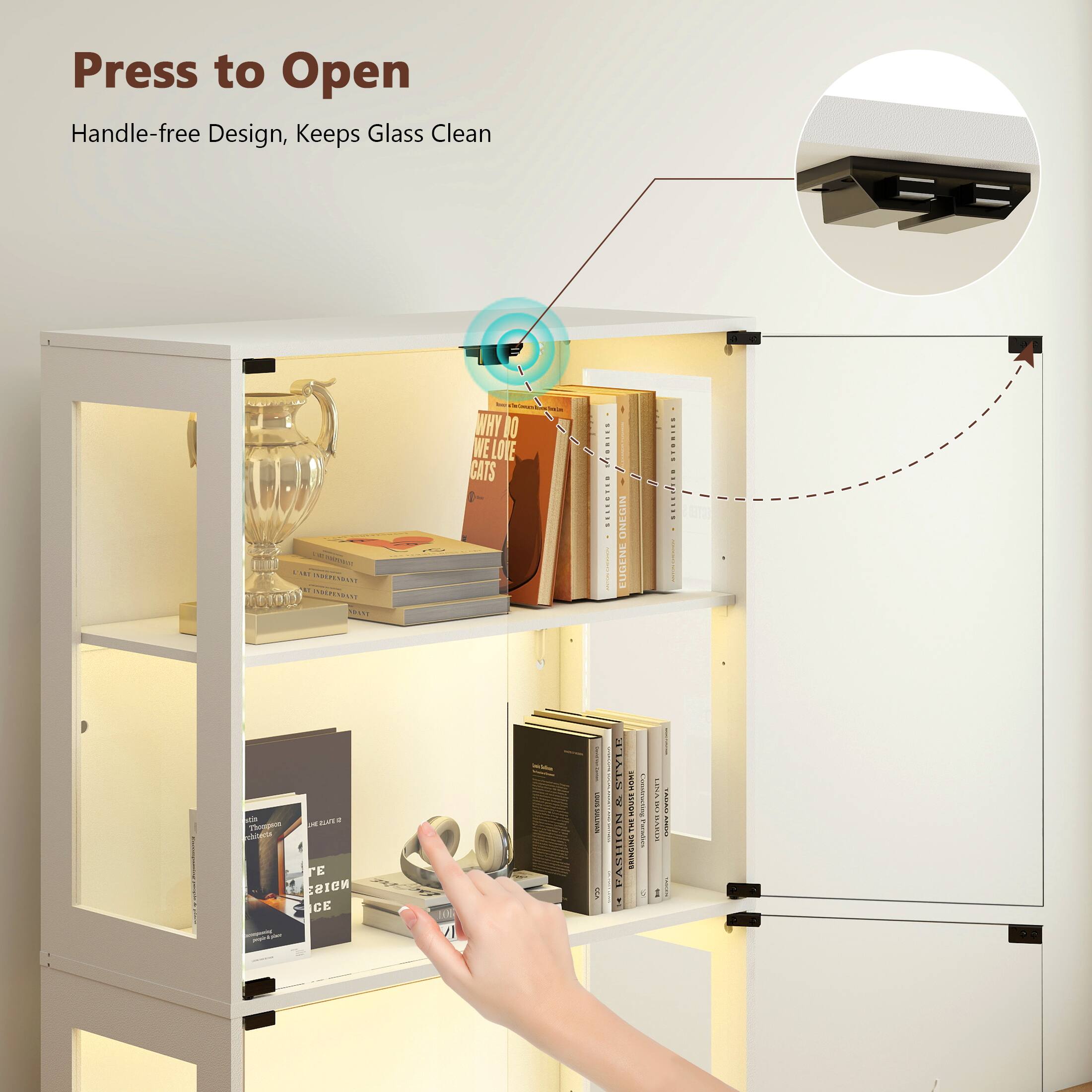 Press to Open Handle-free Design, Keeps Glass Clean - - i .... - WHY NO WE LOVE CATS ....... I  EUGENE |  n an i I Ae - - E ICH CE / - | . 1 I : - ES P E 5V I  3 I | POE & ! ! BORE  : I