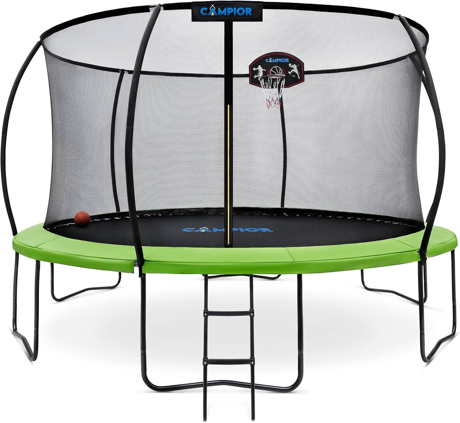 Campior - 14ft Pumpkin Trampoline with Basketball Hoop, Inner Enclosure, Galvanized Springs & Waterproof Padding – Outdoor Use - Green