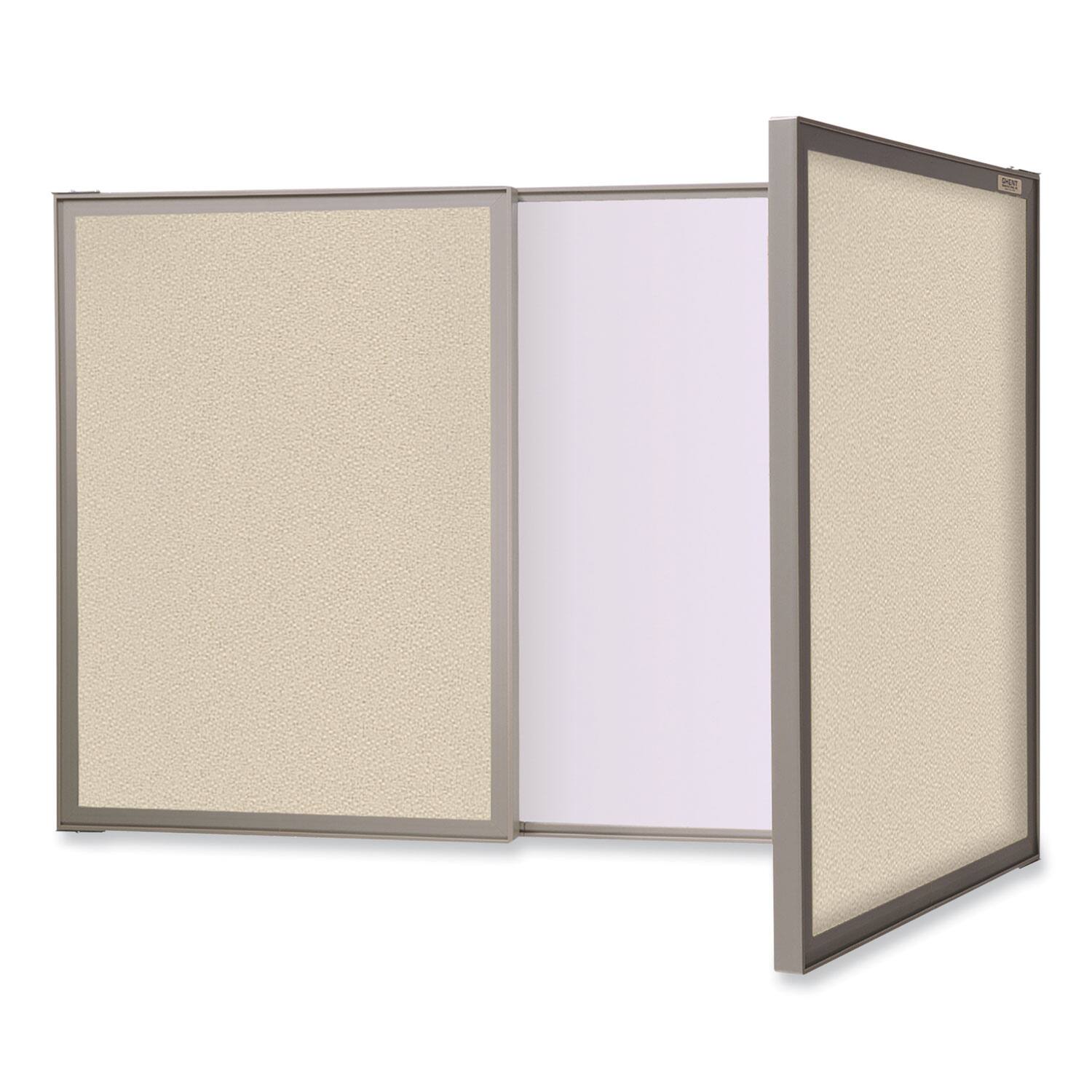 Front. Ghent - VisuALL PC Whiteboard Cabinet with Fabric Bulletin Board Exterior Doors, 36" x 24", Satin Aluminum Frame.