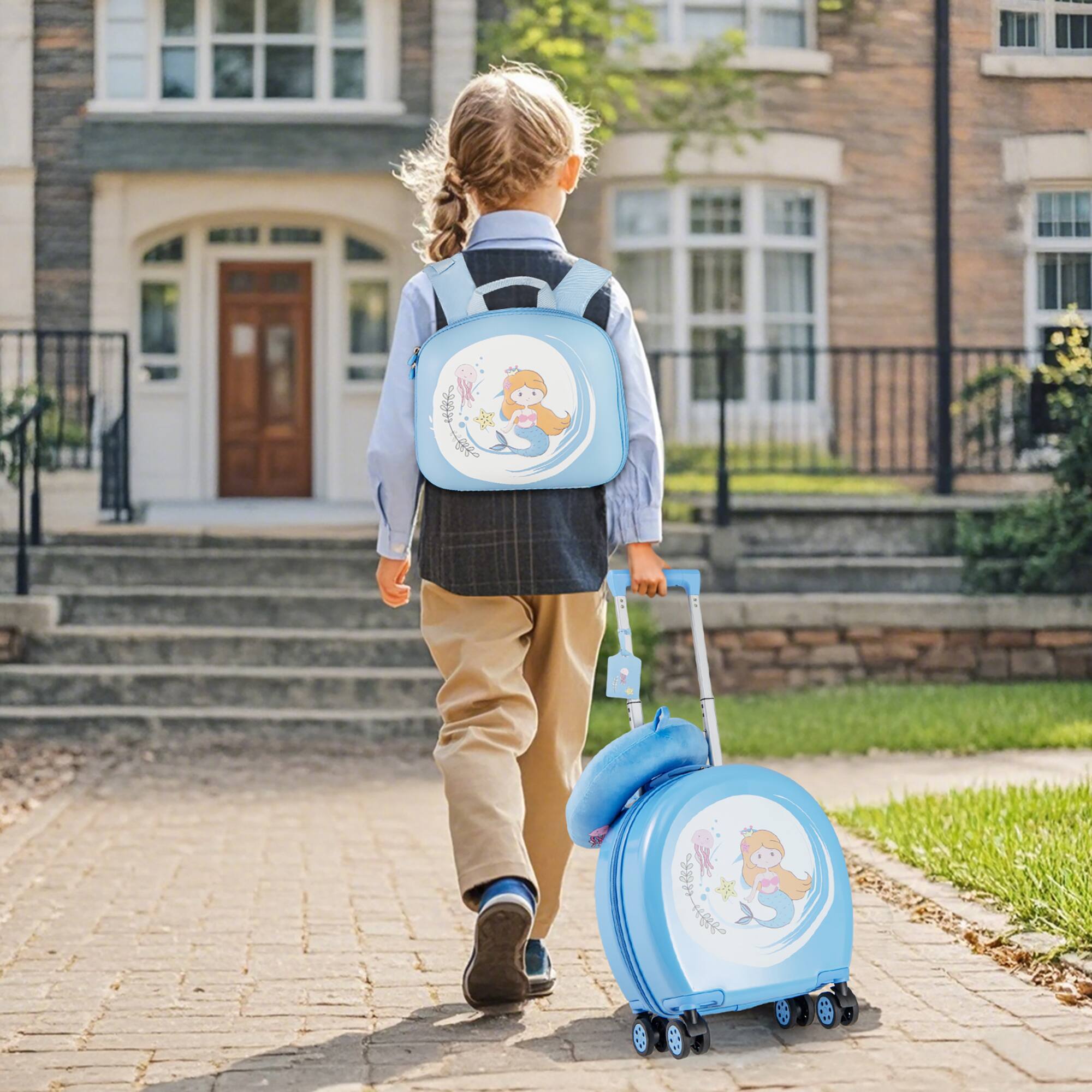 Alt View 1. Gymax - Gymax 4-Piece Kid's Luggage Set w/ 14'' Carry-on Hardside Spinner Toddler Luggage Blue - Blue. White.
