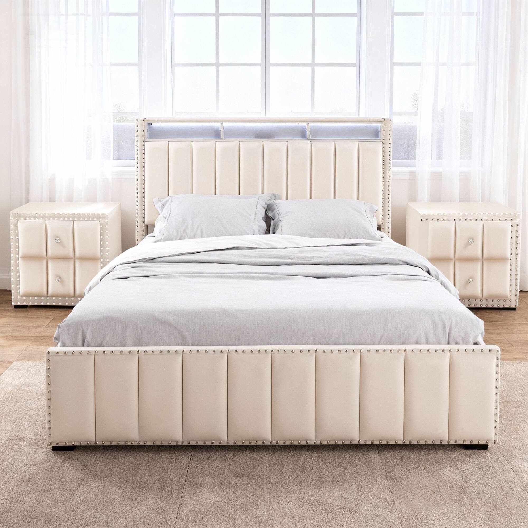 Angle. Parrot Uncle - Contemporary Velvet Platform Bed With LED Lights and Nailhead Trim - Beige.